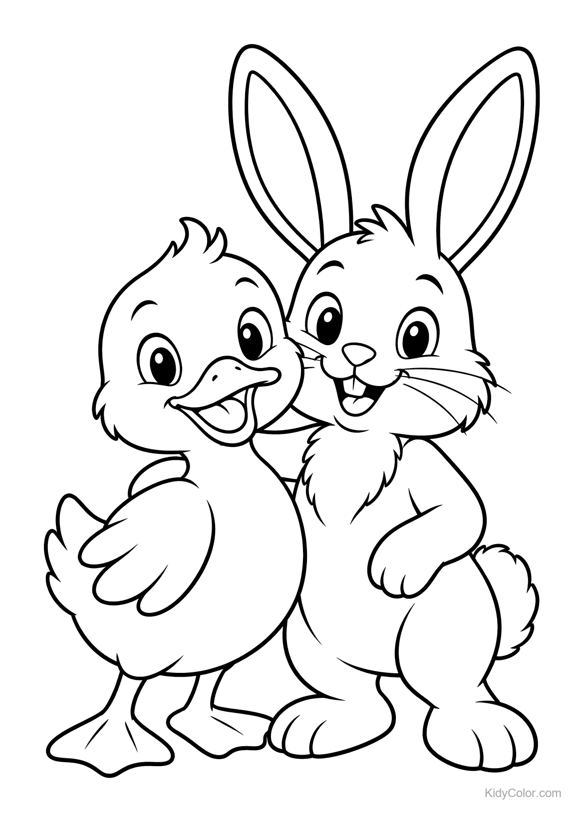 Canard et lapin souriants côte à côte.
