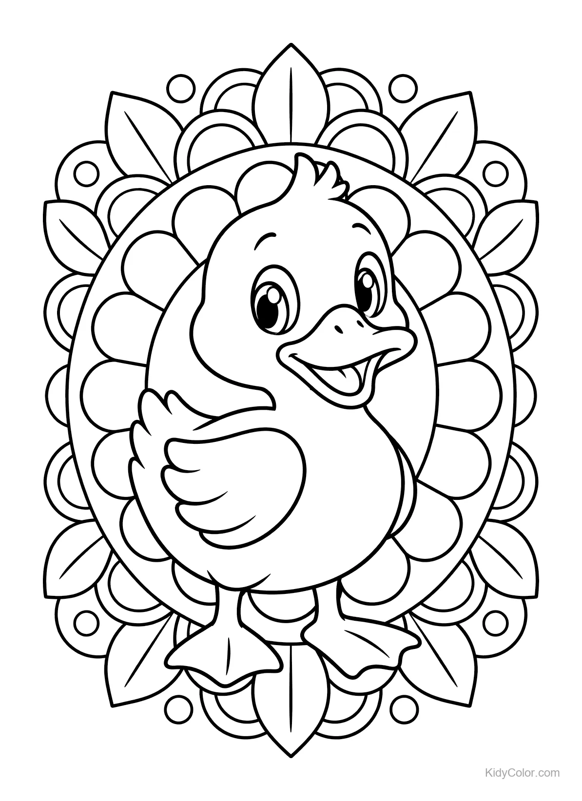 Un canard souriant devant un motif de mandala.