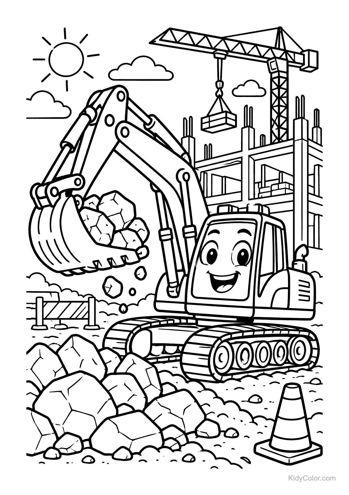 Smiling excavator lifting rocks at a construction site with a crane and unfinished building.