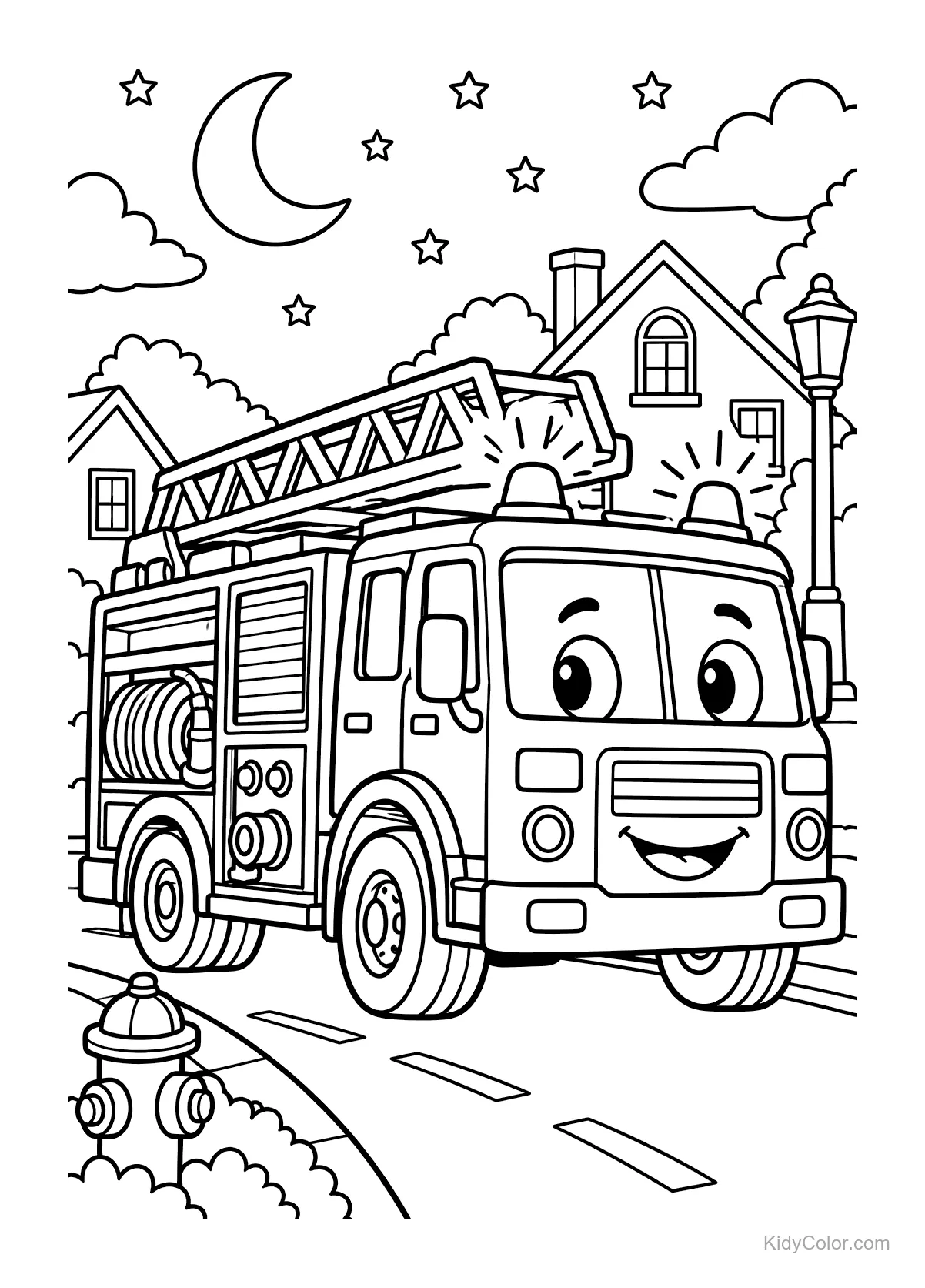 Caminhão de bombeiros sorridente com luzes acesas à noite.