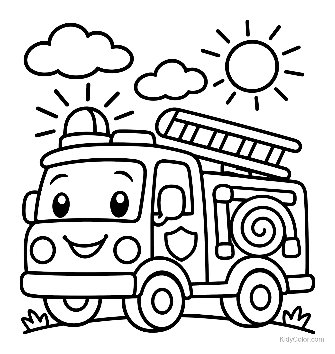 Smiling cartoon fire truck with ladder and hose under the sun.