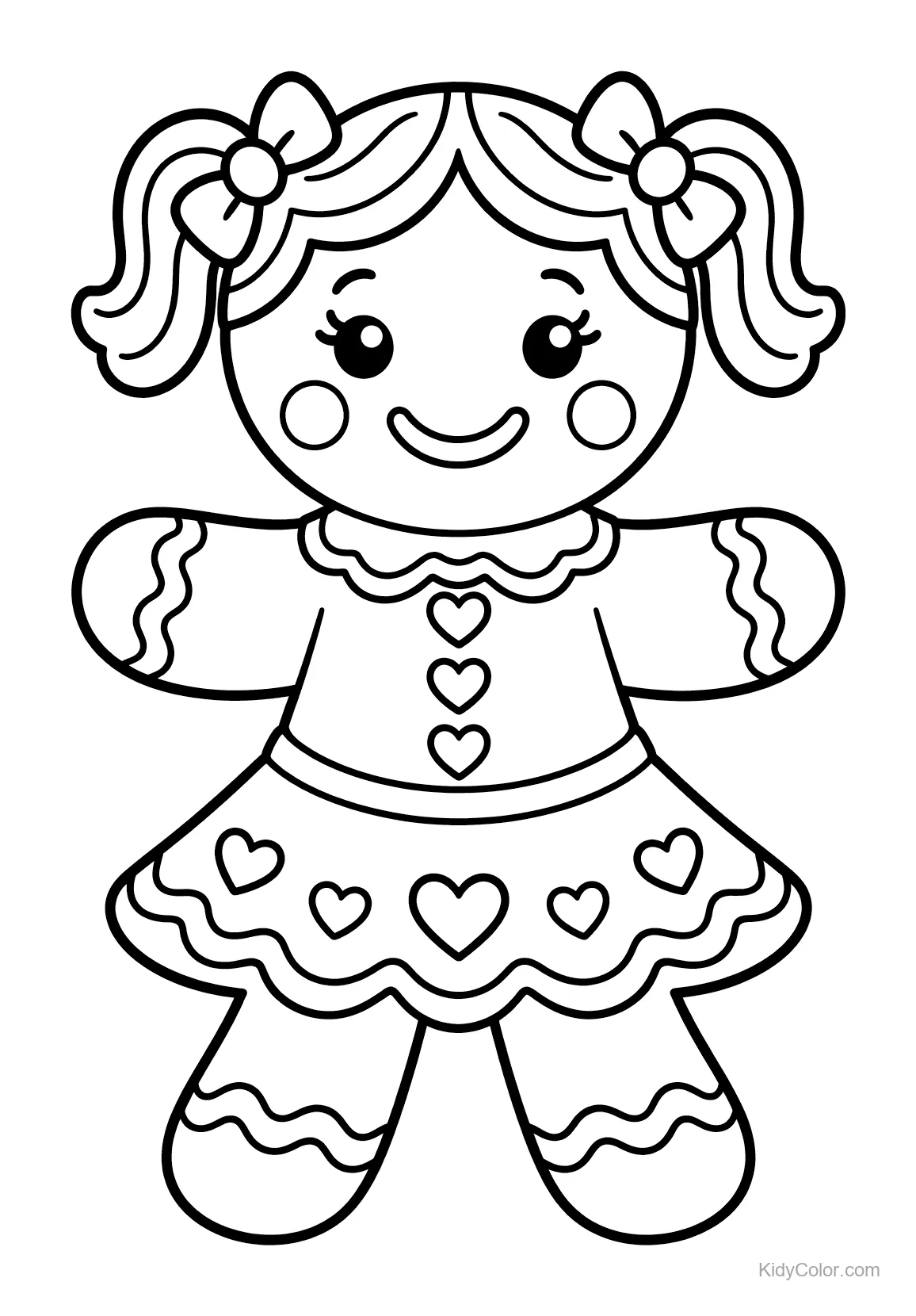 Menina biscoito de gengibre com maria-chiquinhas e vestido de corações.