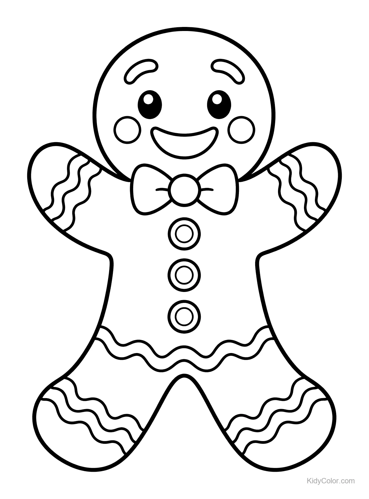 Biscoito de gengibre sorridente com gravata borboleta e botões.