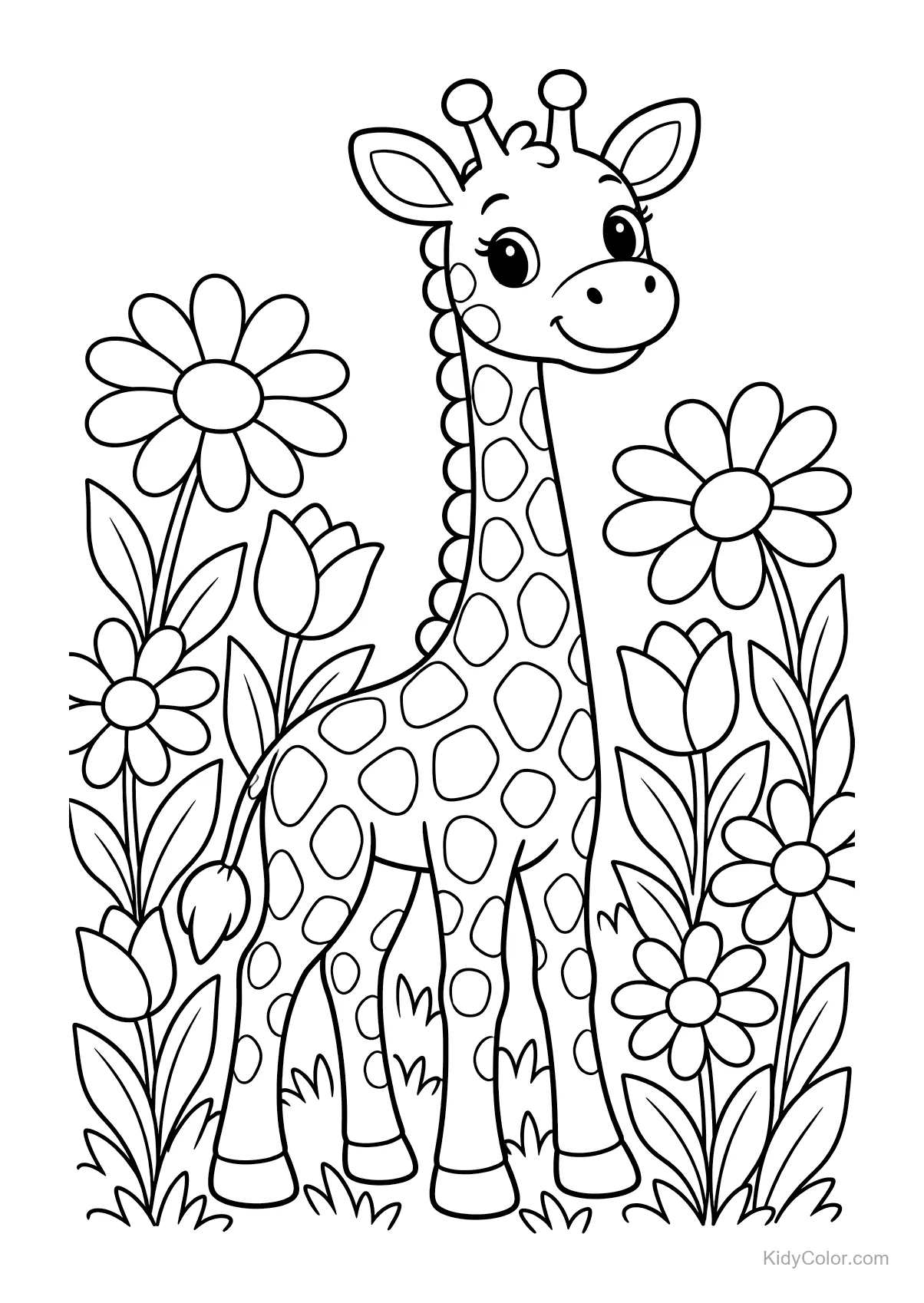 Lächelnde Giraffe steht zwischen Blumen im Garten.