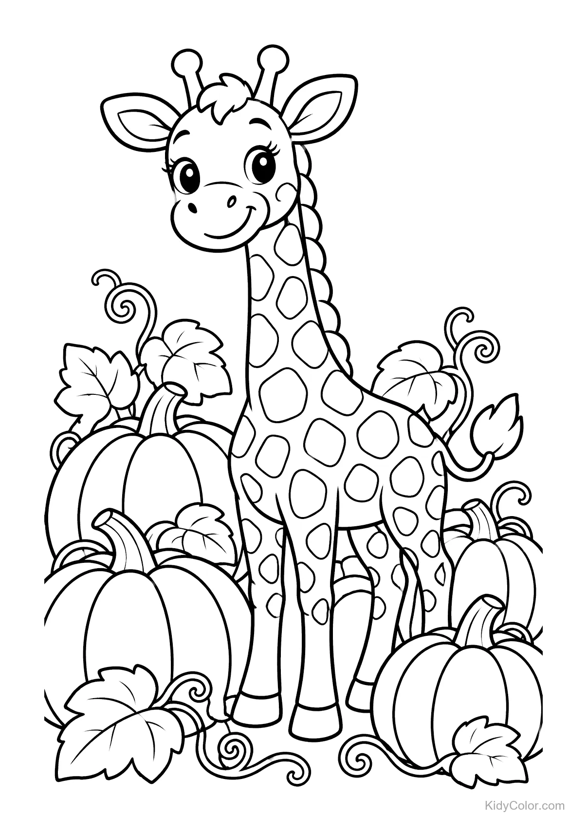 Giraffe lächelt in einem Kürbisfeld mit Blättern und Ranken.