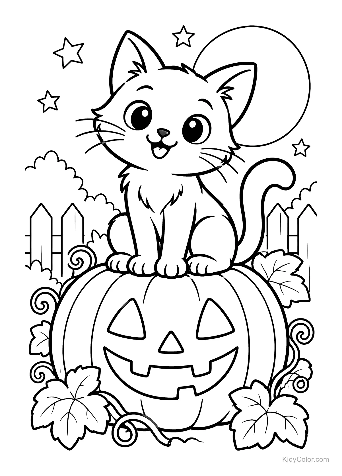 A smiling cat sits on a Jack-o’-Lantern with stars and moon.