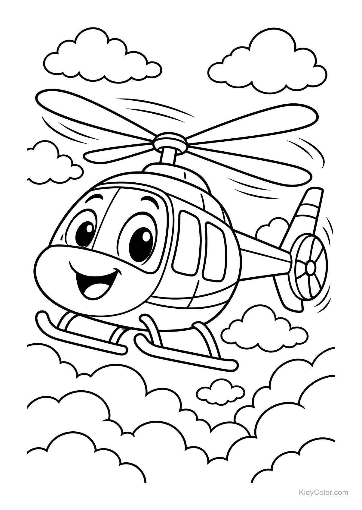 Smiling helicopter flying among fluffy clouds.