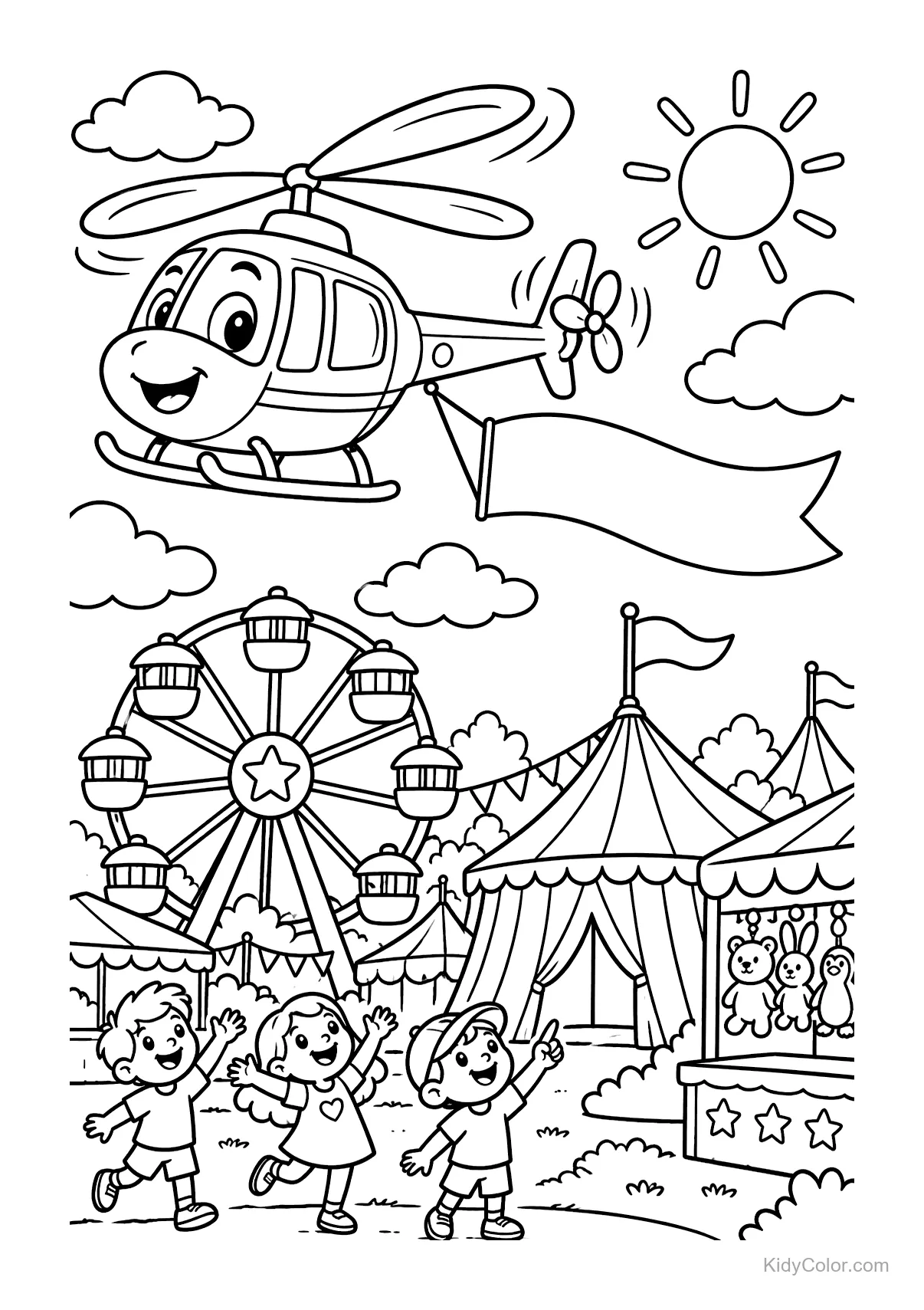 Smiling helicopter flying over a carnival with Ferris wheel and tents.