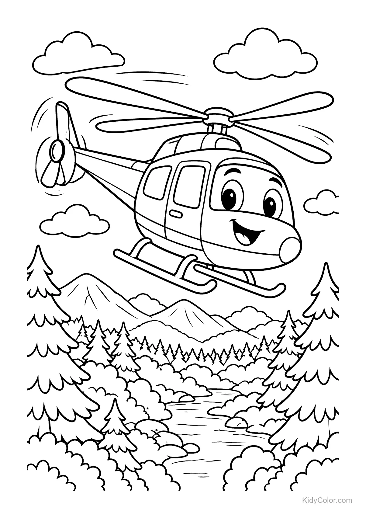 Cheerful helicopter flying over mountain river with trees and hills.