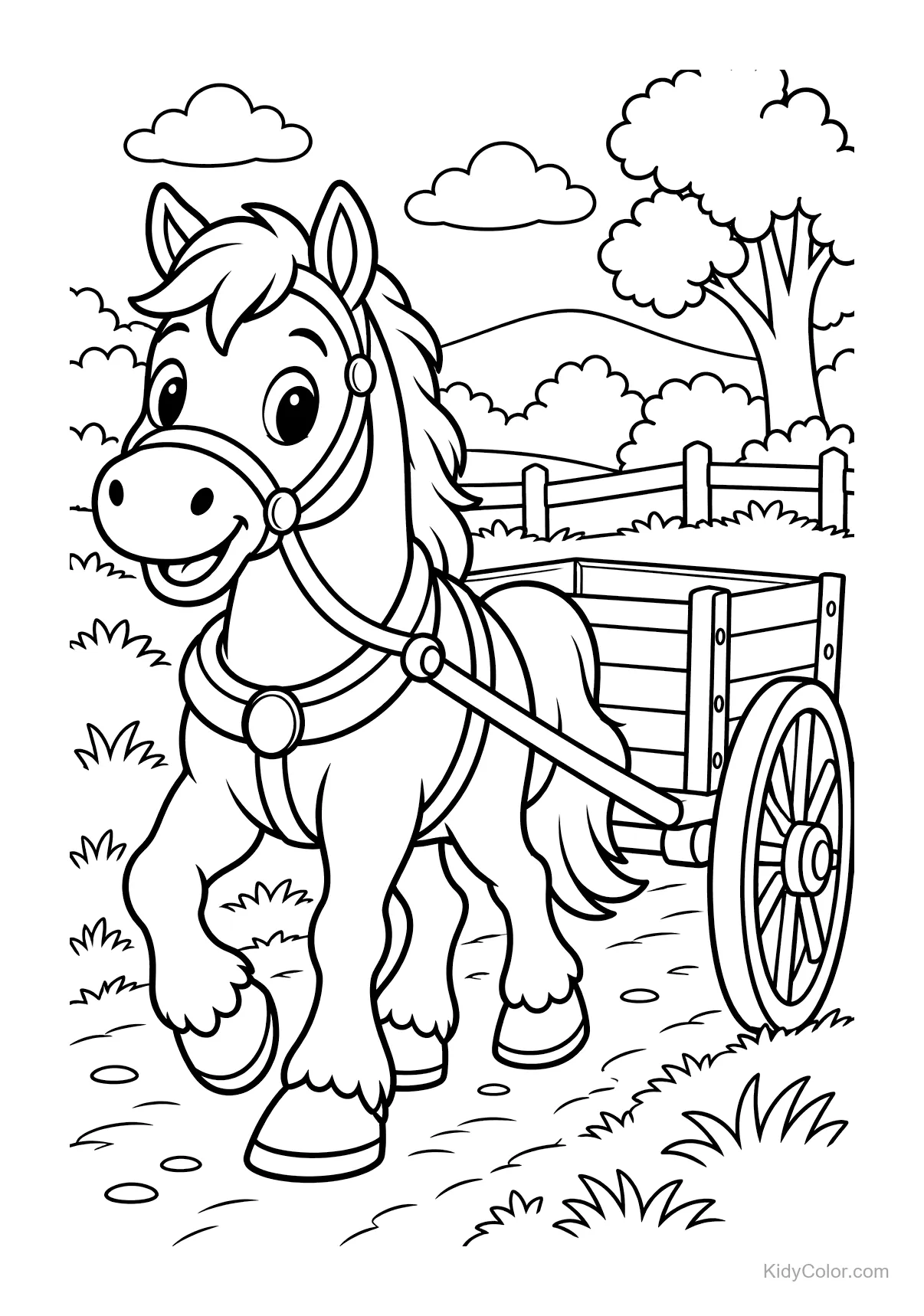 Cavallo carino che tira un carretto lungo un sentiero di campagna.
