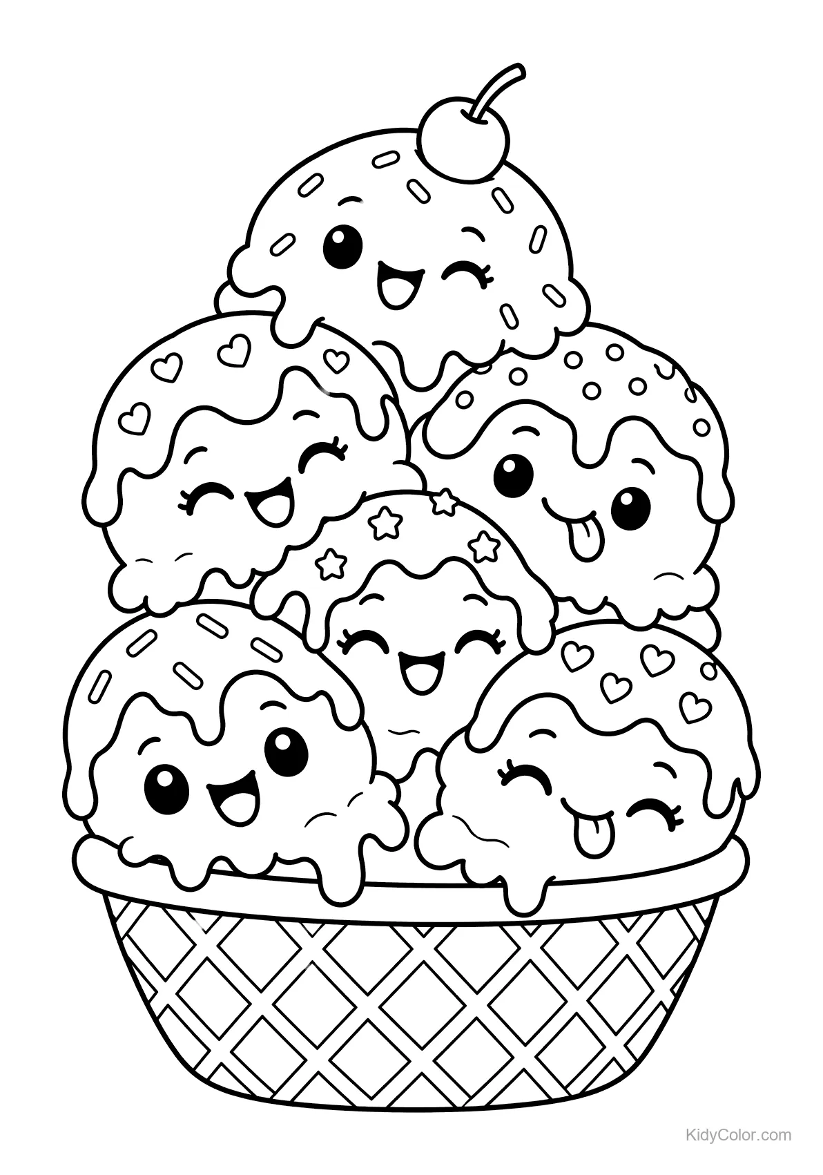 Pilha de sorvetes sorridentes em uma cesta de waffle.