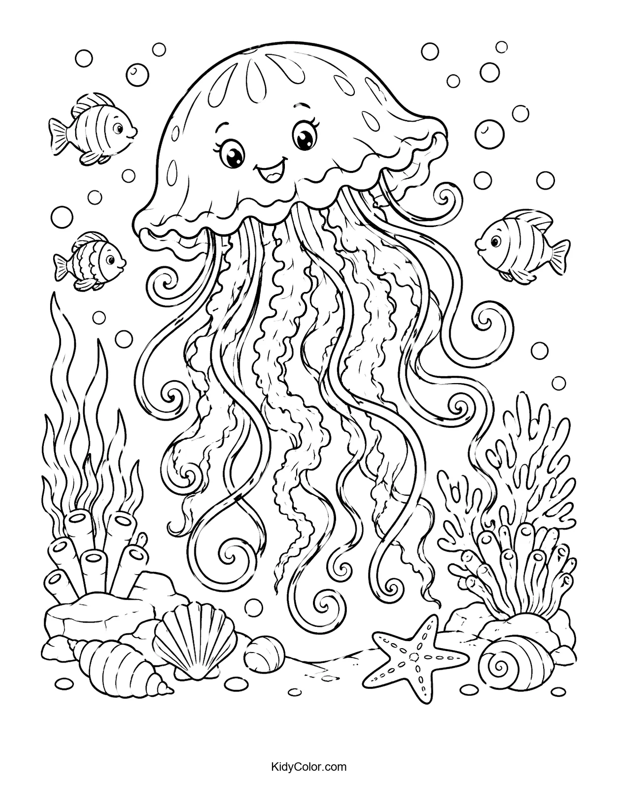 Smiling jellyfish with coral, fish, and starfish in the ocean.