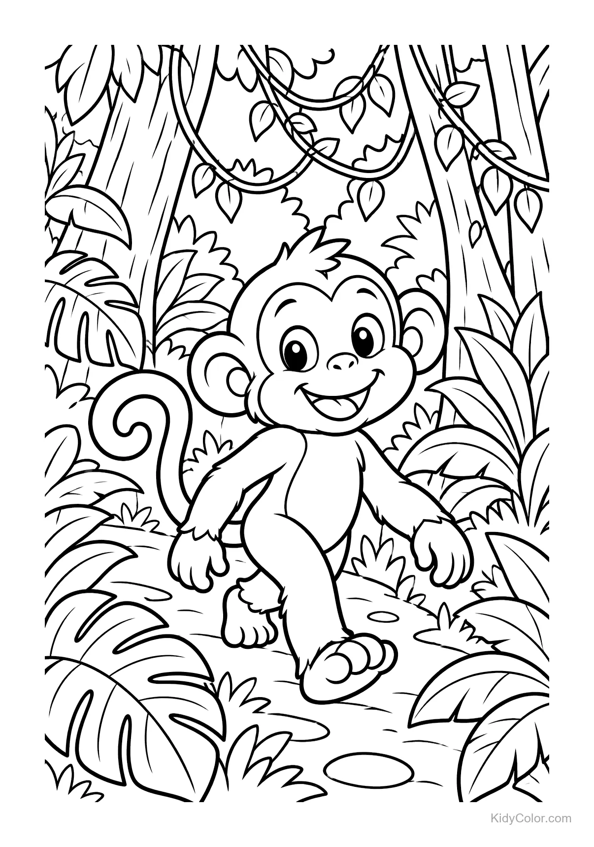 Macaco sorridente caminhando em uma trilha na selva.