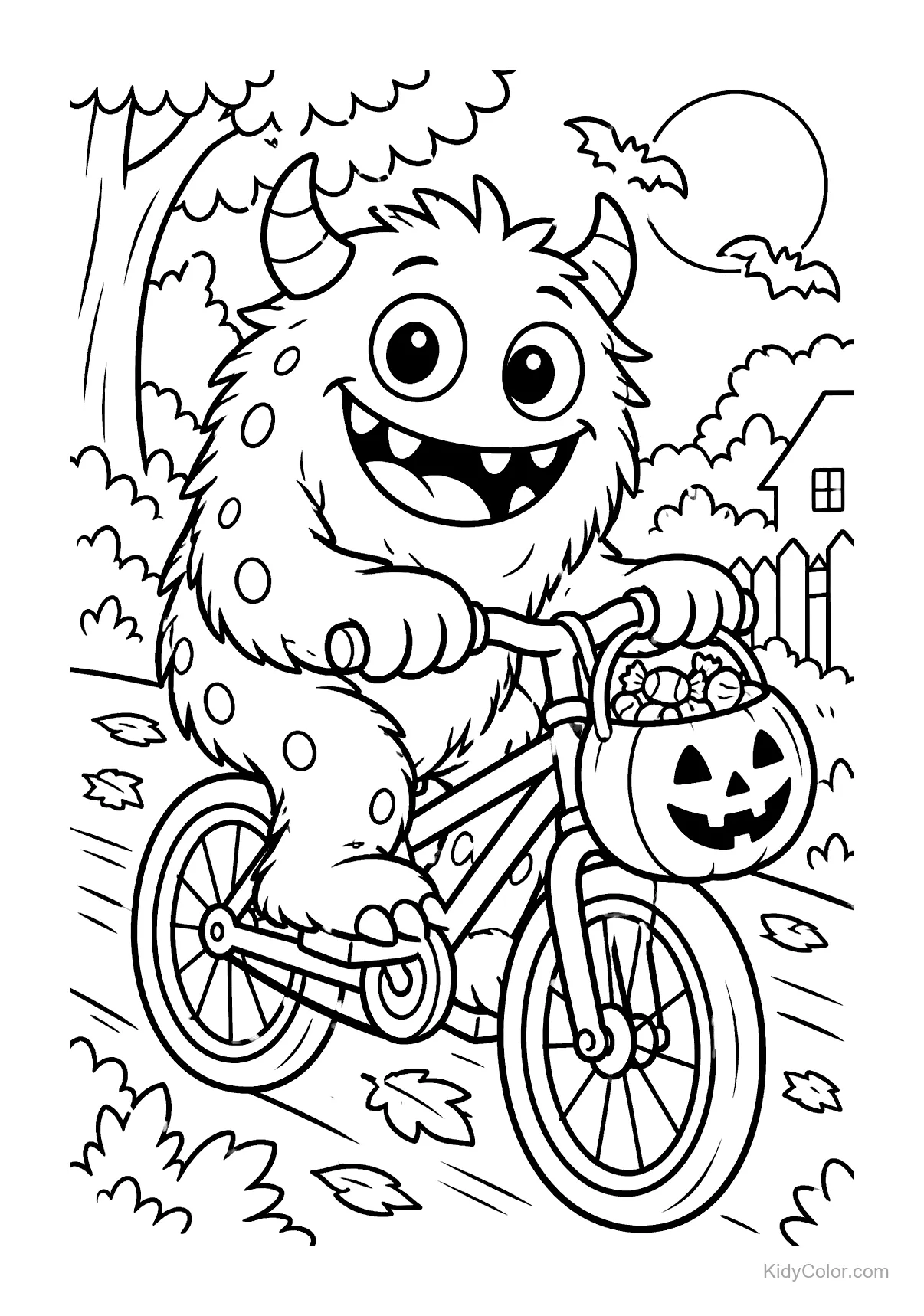 Monstruo alegre montando una bicicleta con canasta de calabaza en Halloween.