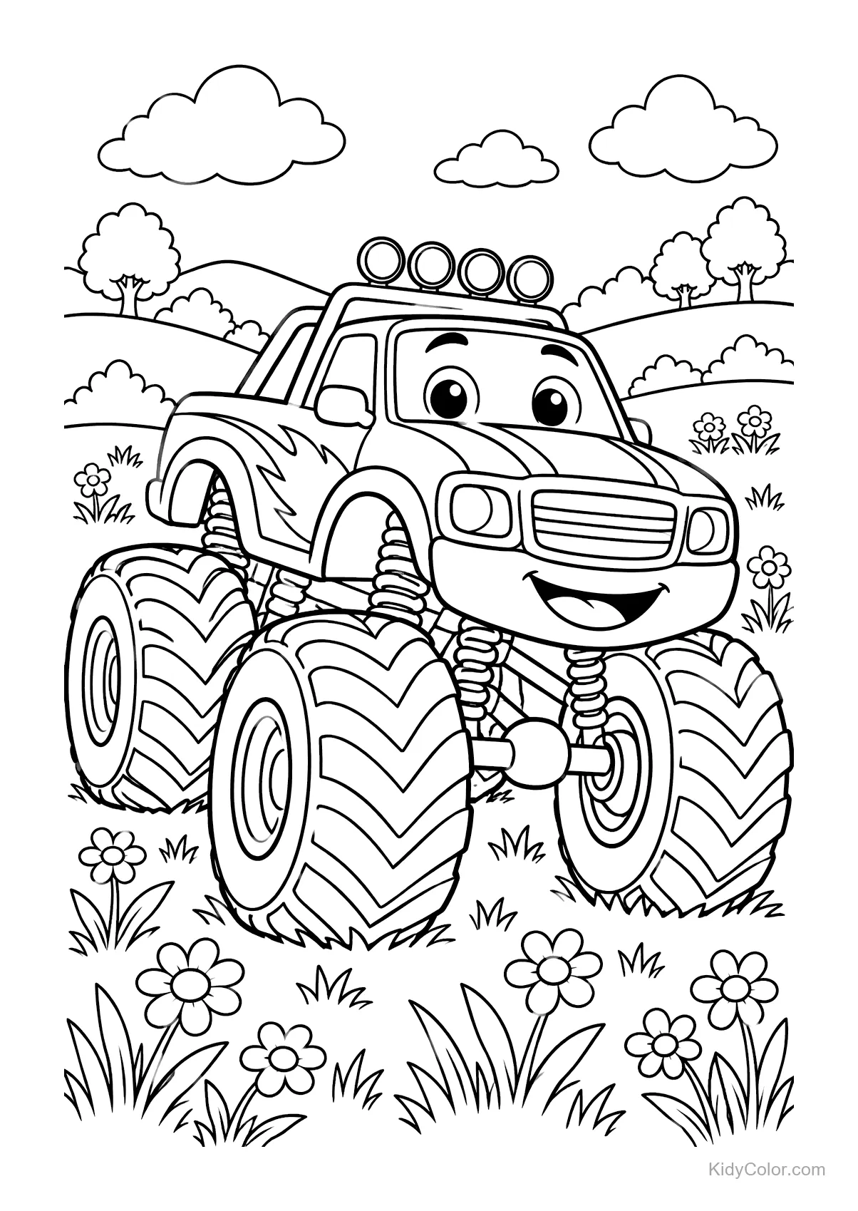 Camión monstruo sonriente en un prado con flores y colinas.