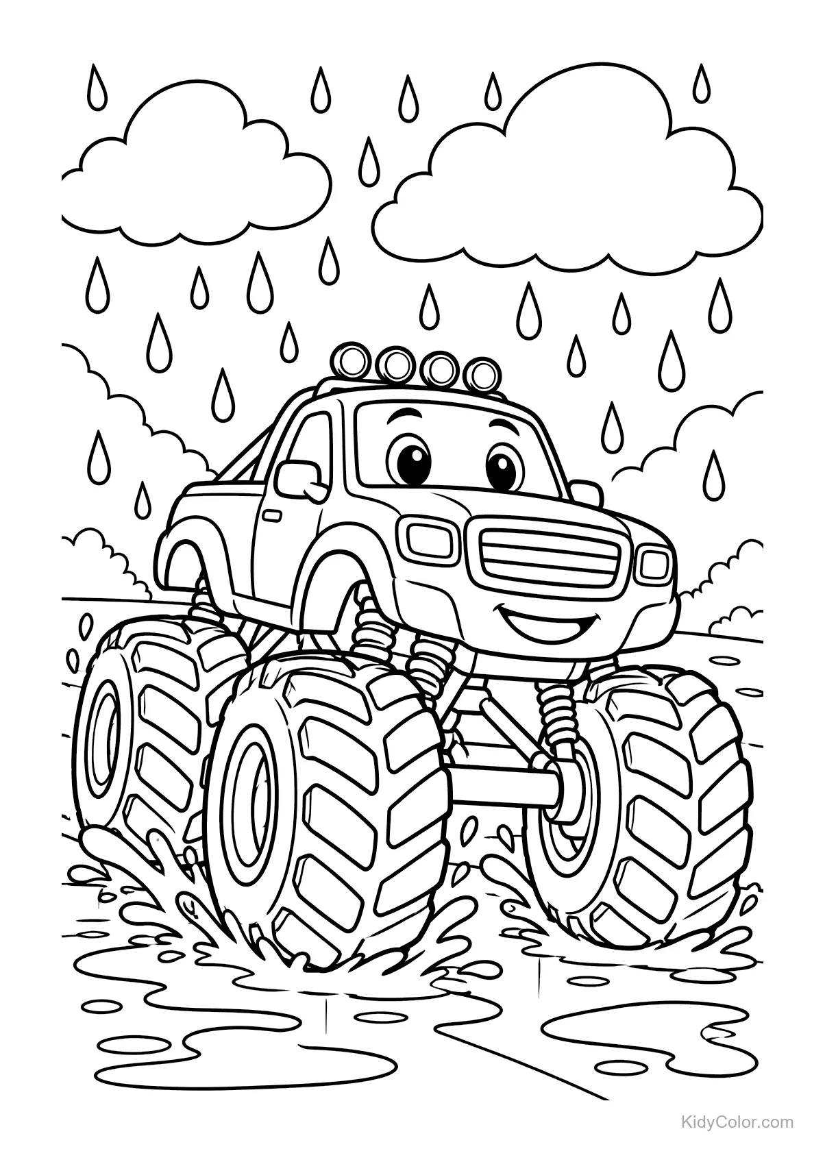 Camión monstruo sonriente conduciendo bajo la lluvia con charcos.