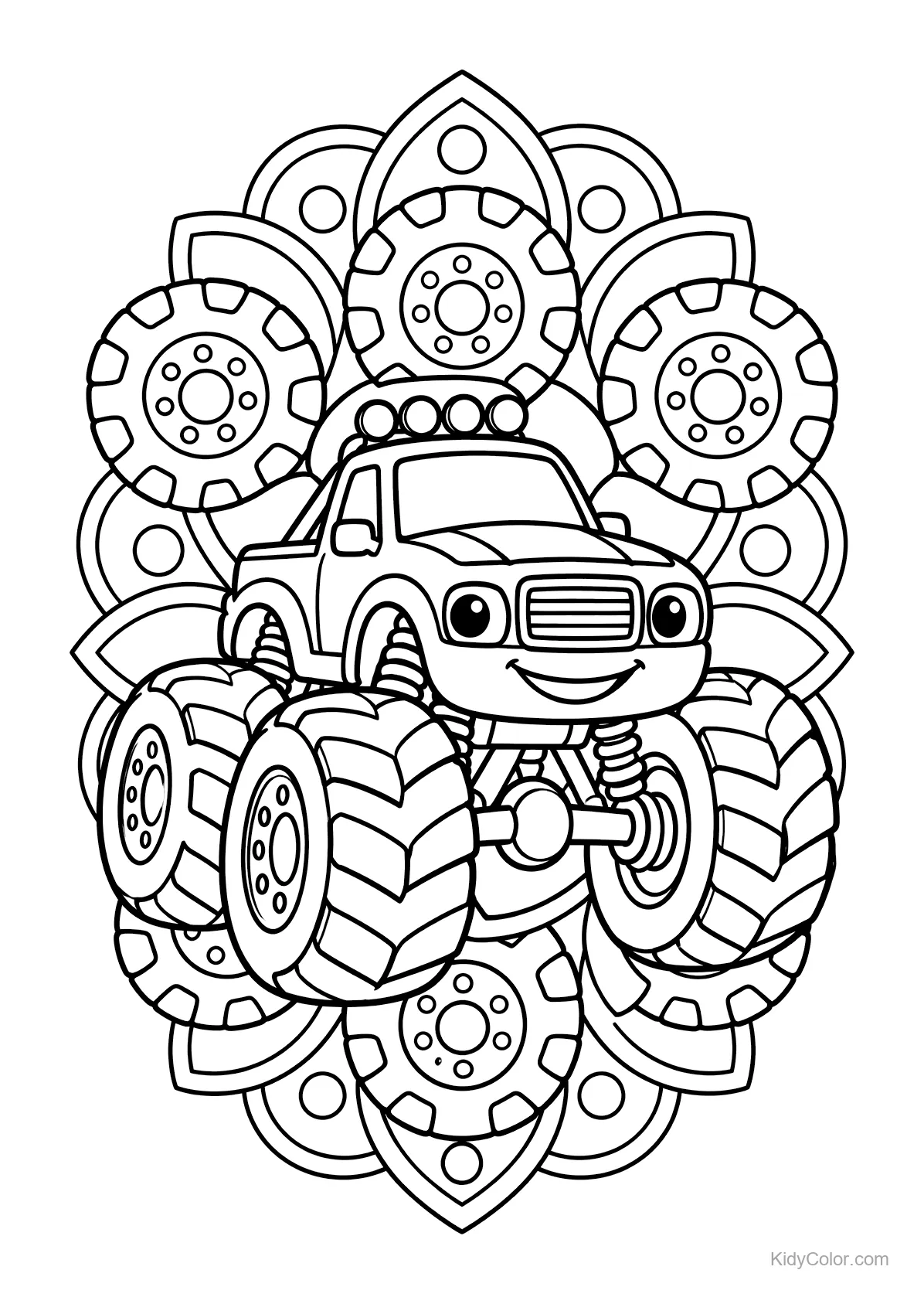 Camión monstruo sonriente en un mandala con engranajes.