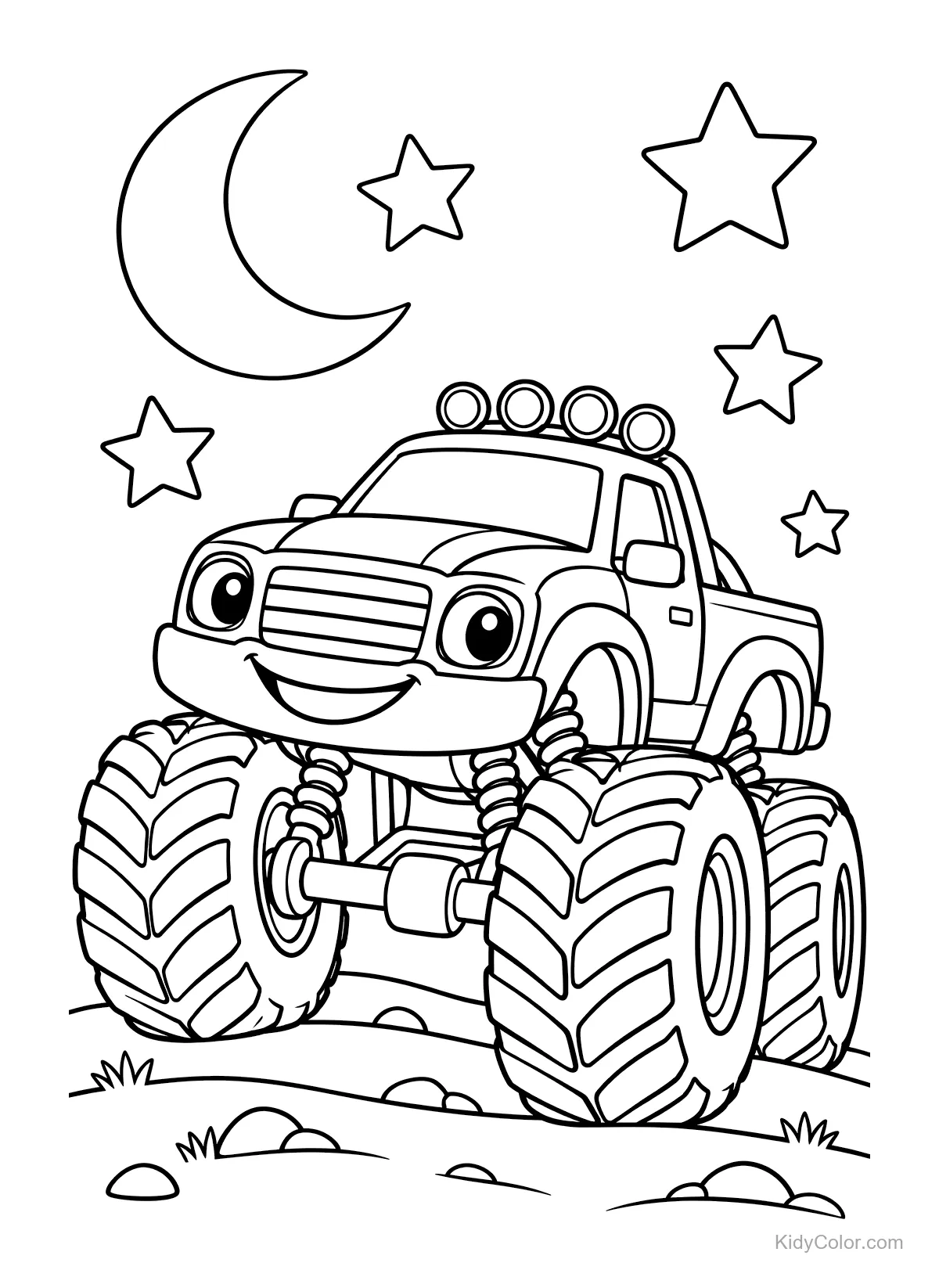 Caminhão monstro sorridente com pneus grandes sob a lua e estrelas.