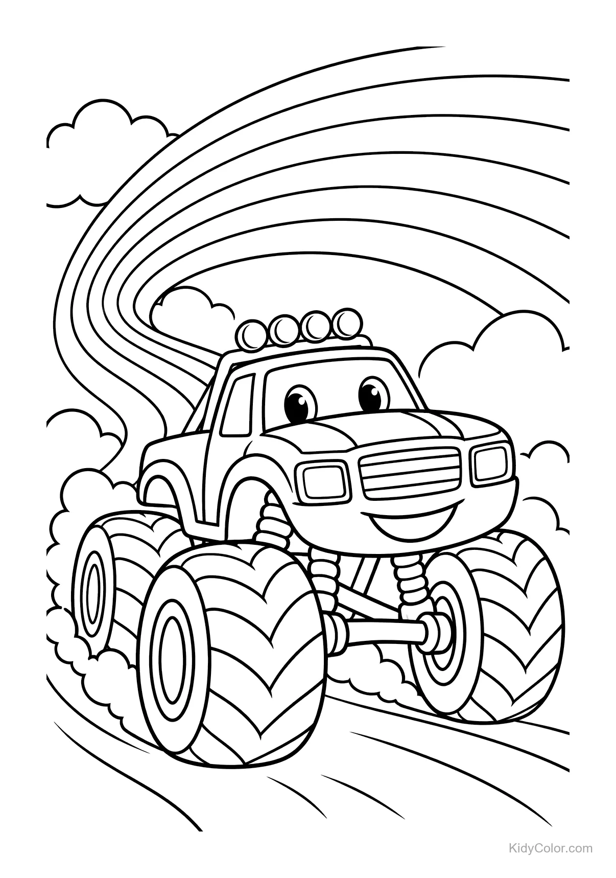 Camion mostro sorridente con grandi ruote e scia arcobaleno.
