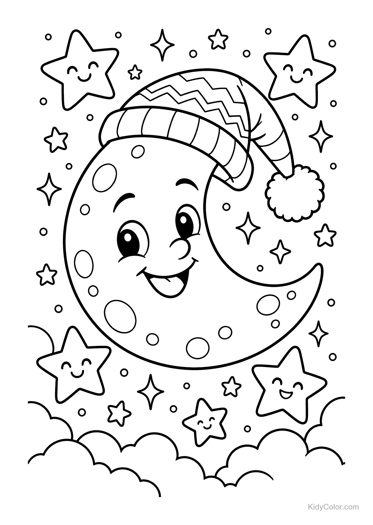 Smiling moon with a hat surrounded by stars in the sky.
