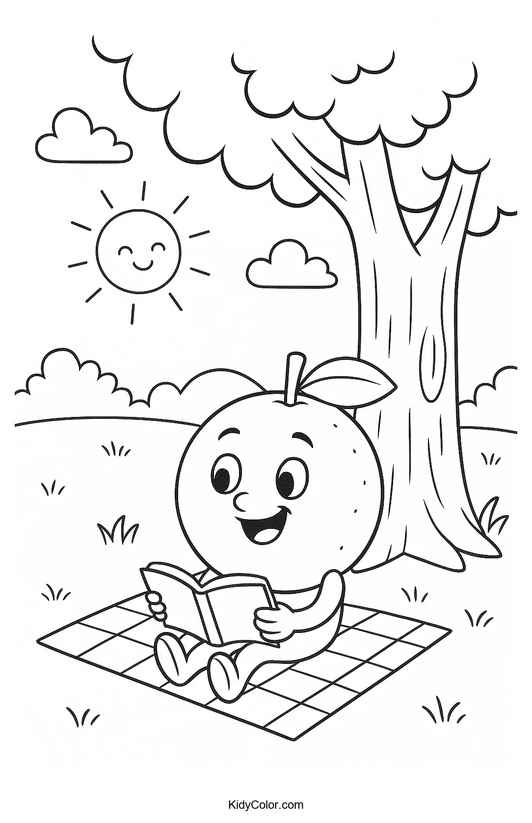 Smiling orange under a tree coloring page