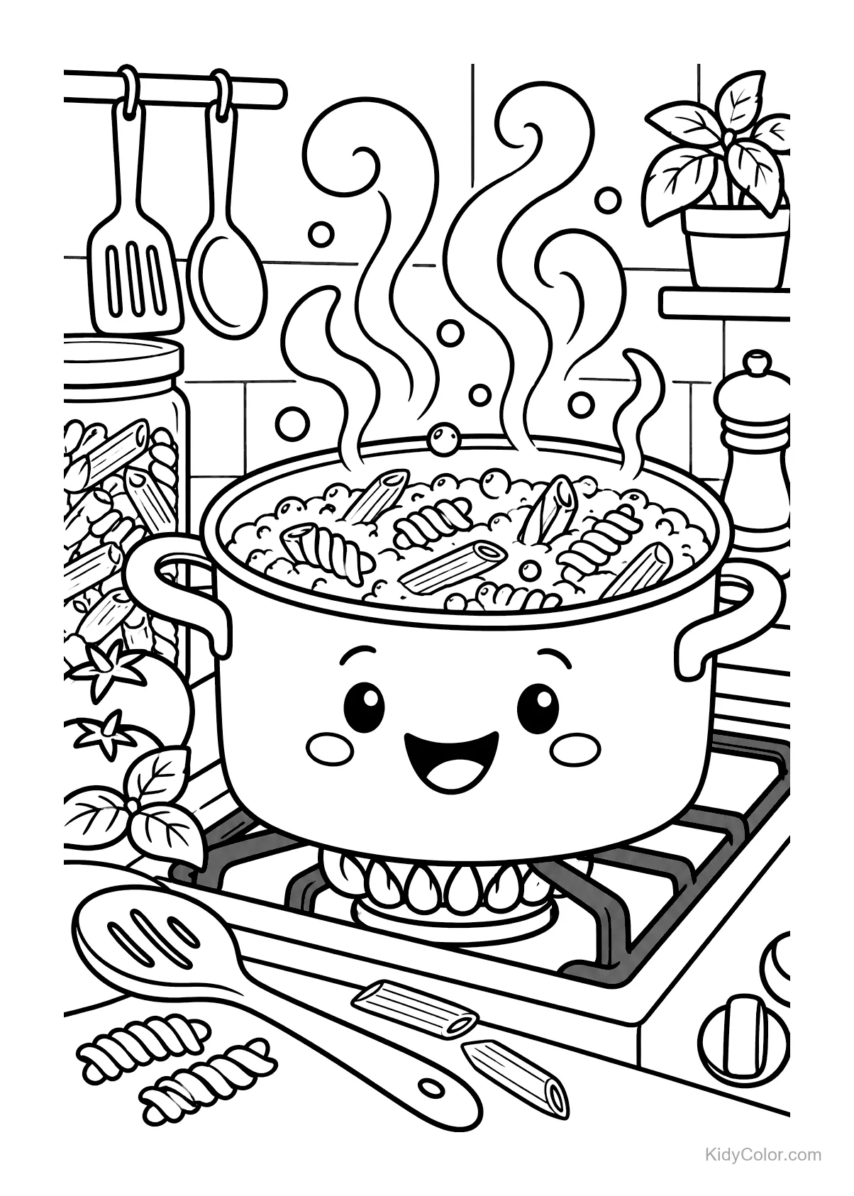 Smiling pasta pot on a stove with steam, utensils, and kitchen background.