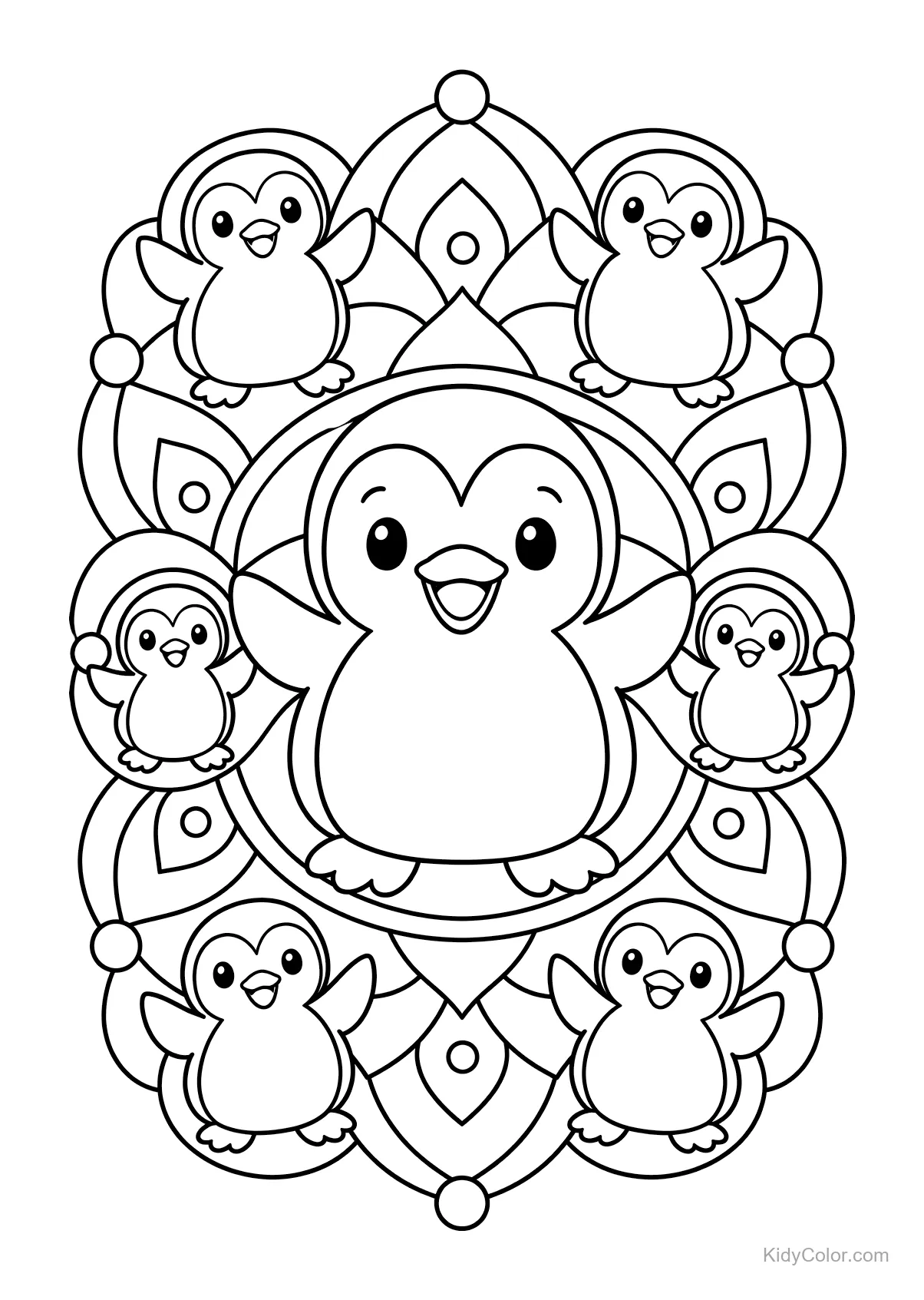 Pingouin souriant entouré de motifs mandala décoratifs.