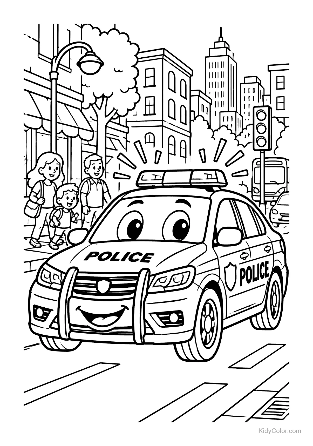 A cheerful, smiling police car on a city street with buildings and pedestrians.