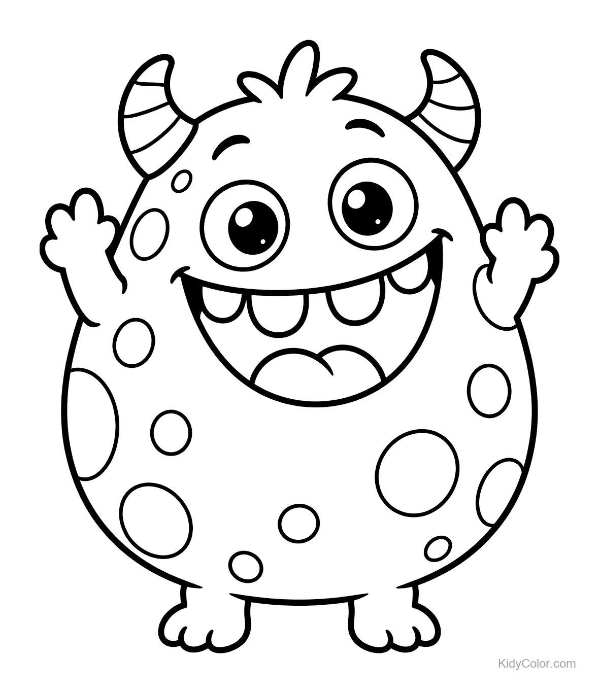 Monstruo alegre con lunares y cuernos sonriendo.