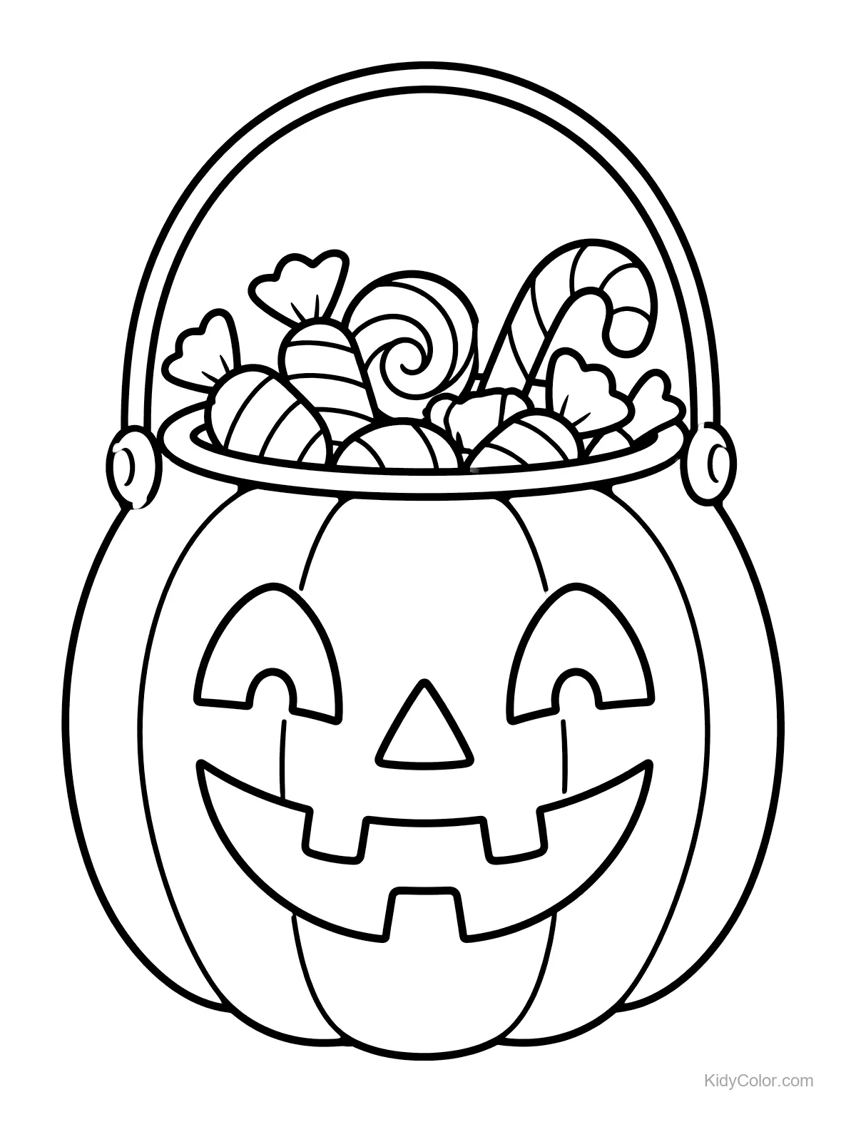 A smiling pumpkin candy bucket filled with assorted candy.
