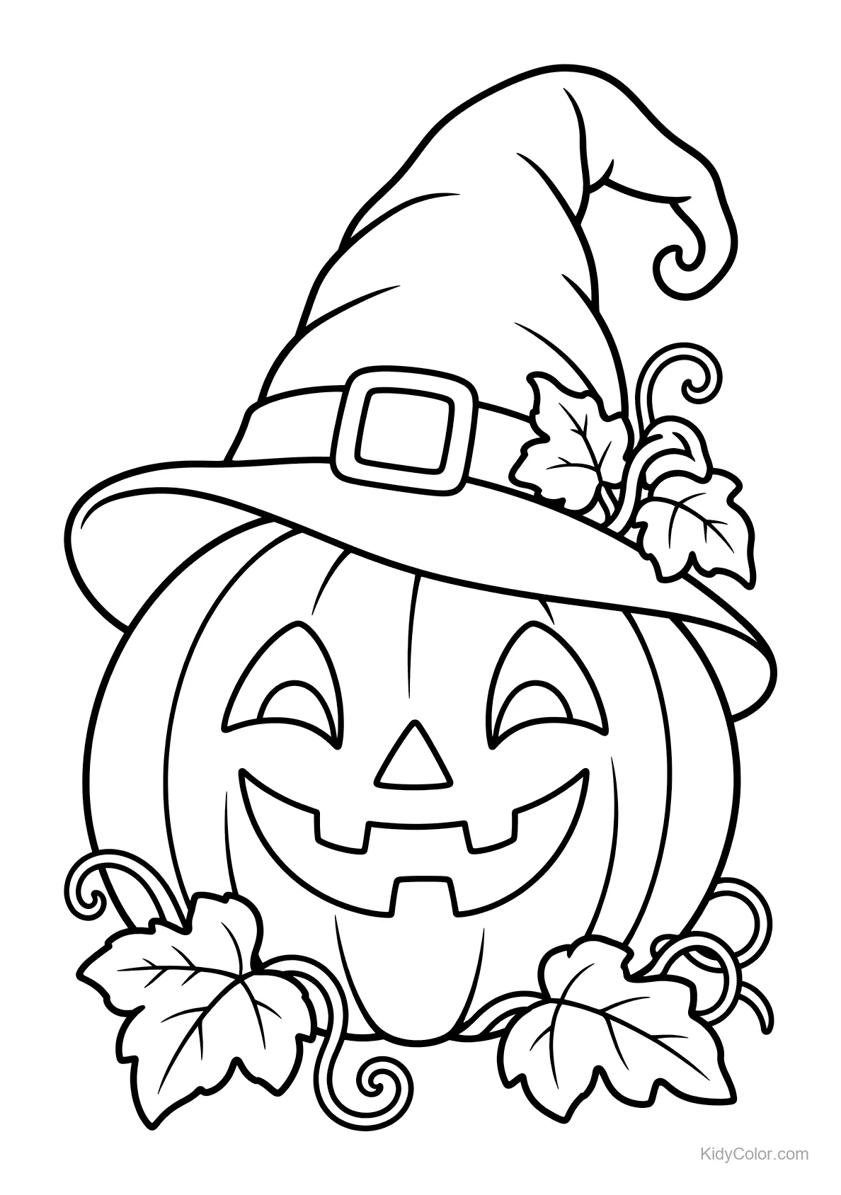 Smiling pumpkin wearing a witch hat with leaves around.