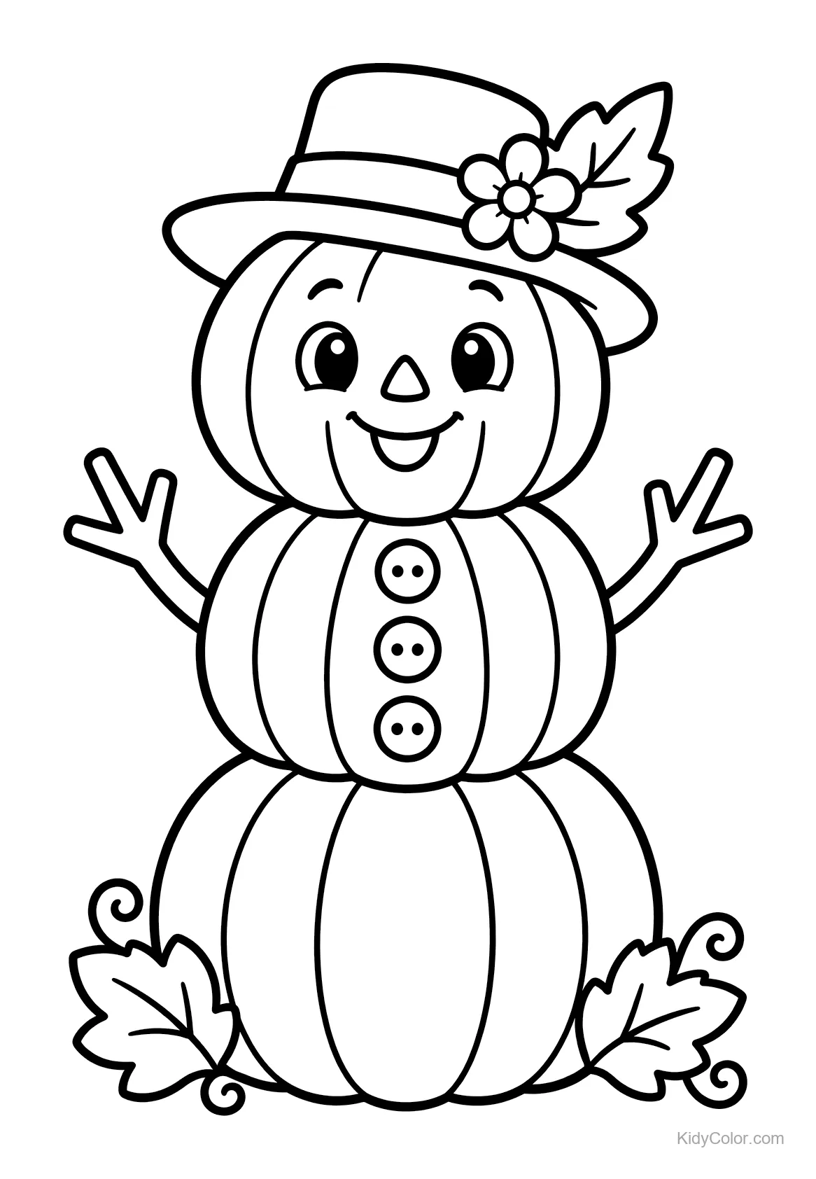 Pumpkin snowman with a hat, buttons, and leaves.