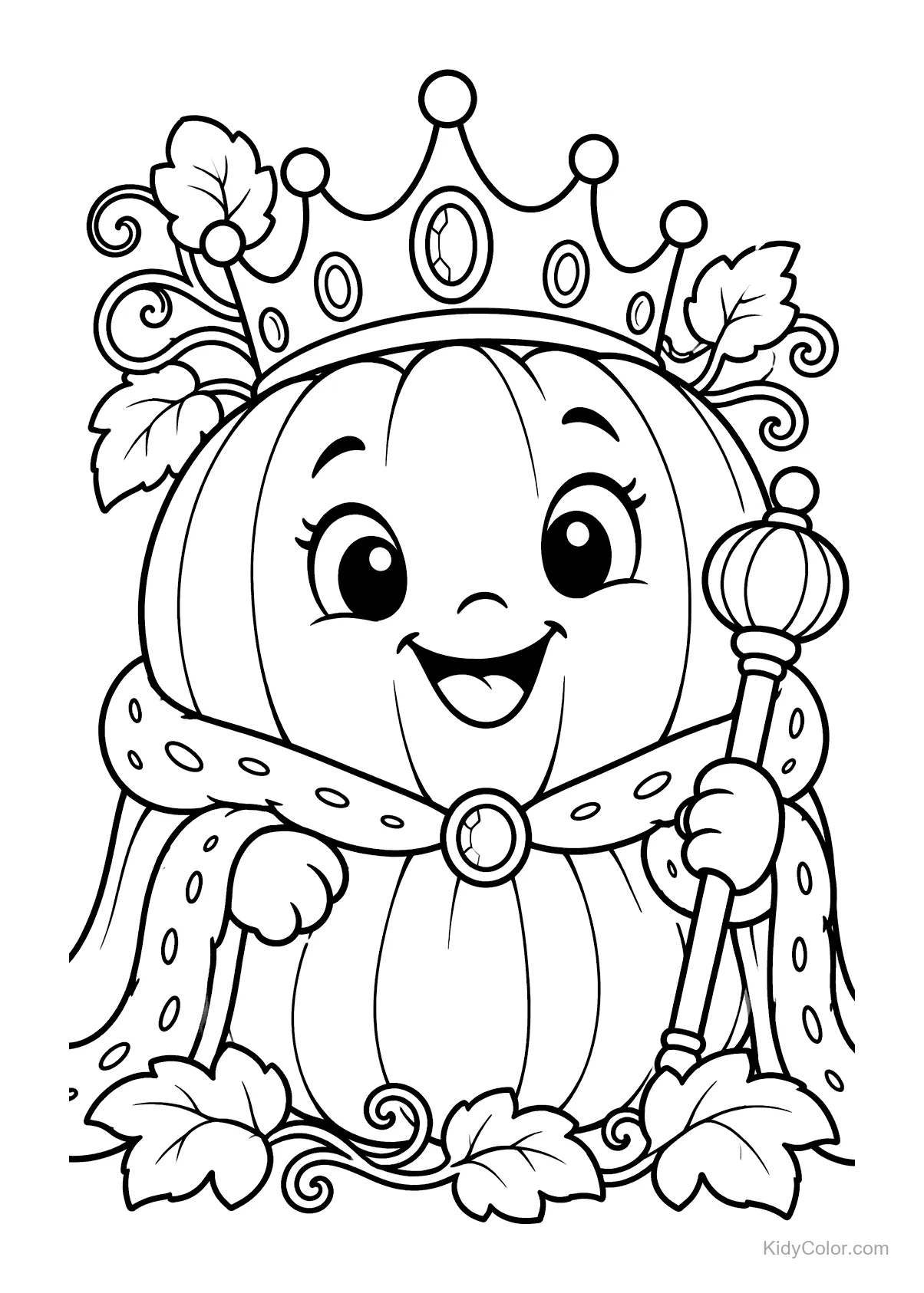 A pumpkin with a crown and scepter, smiling broadly.