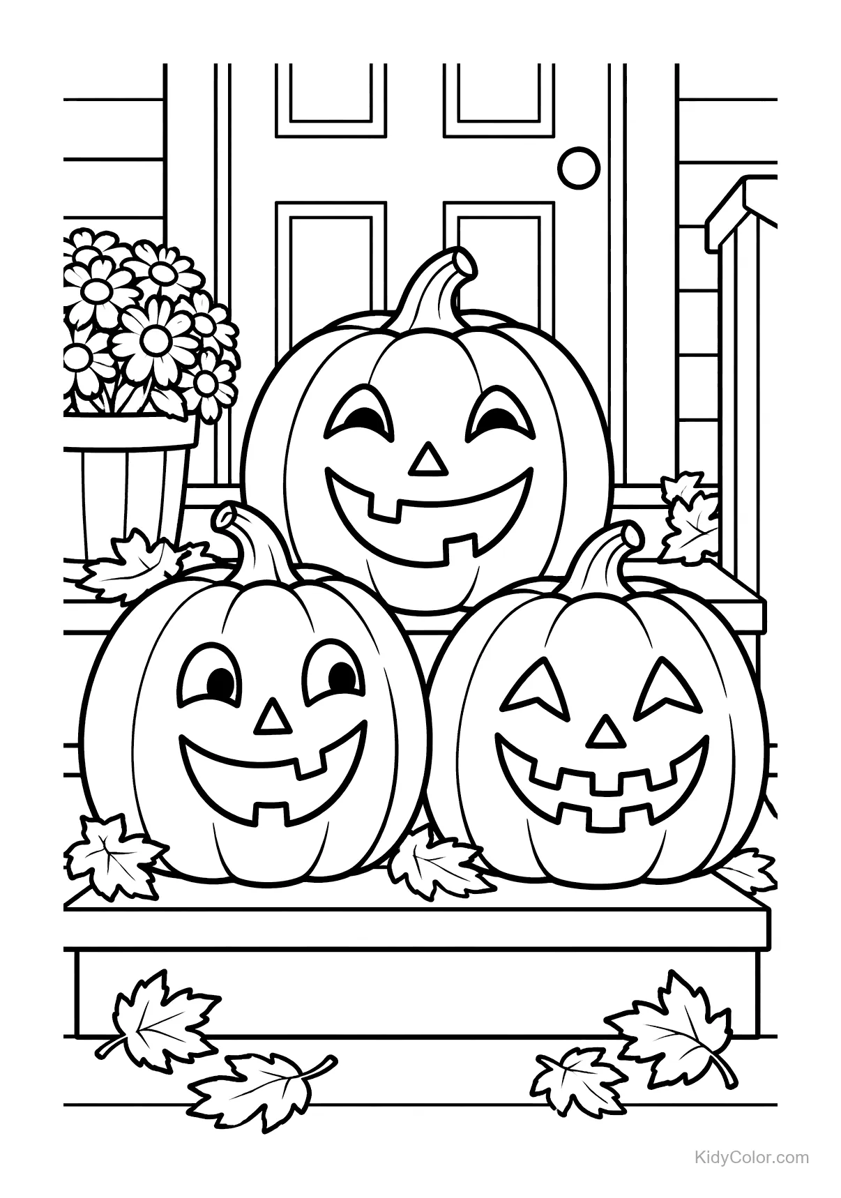 Three smiling pumpkins on porch steps with autumn leaves.