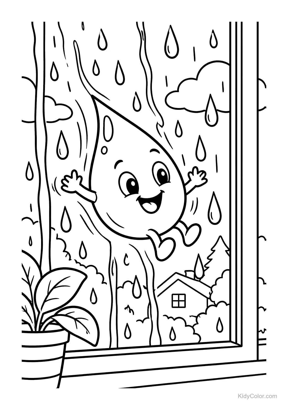 A smiling raindrop by a window with falling rain and clouds.