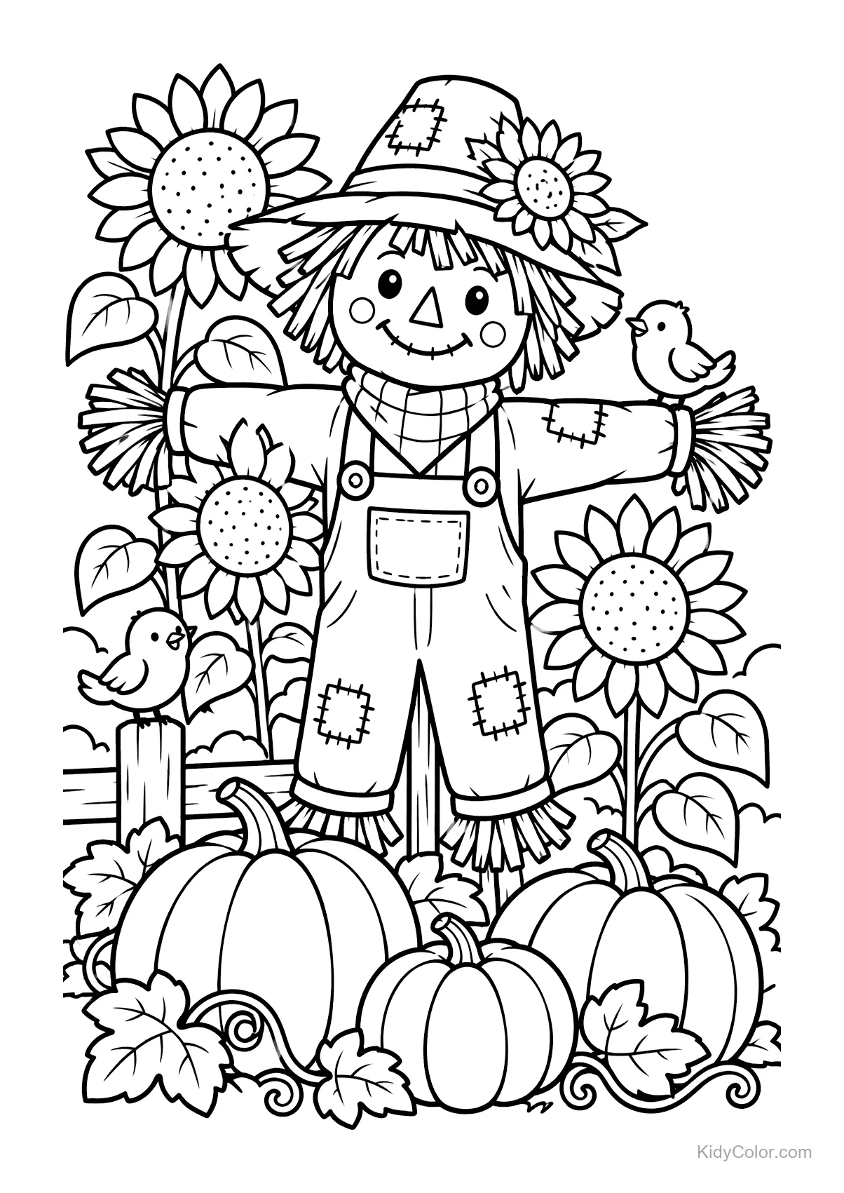 A scarecrow with a hat stands among sunflowers and pumpkins.