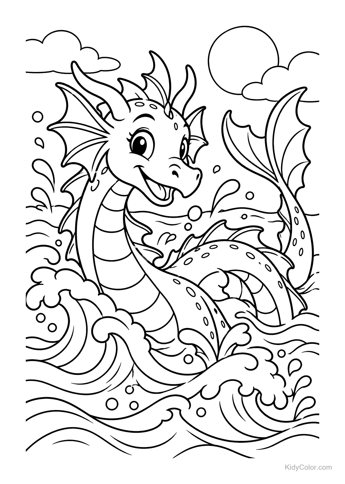 A sea dragon with a friendly smile among ocean waves and a sun in the sky.