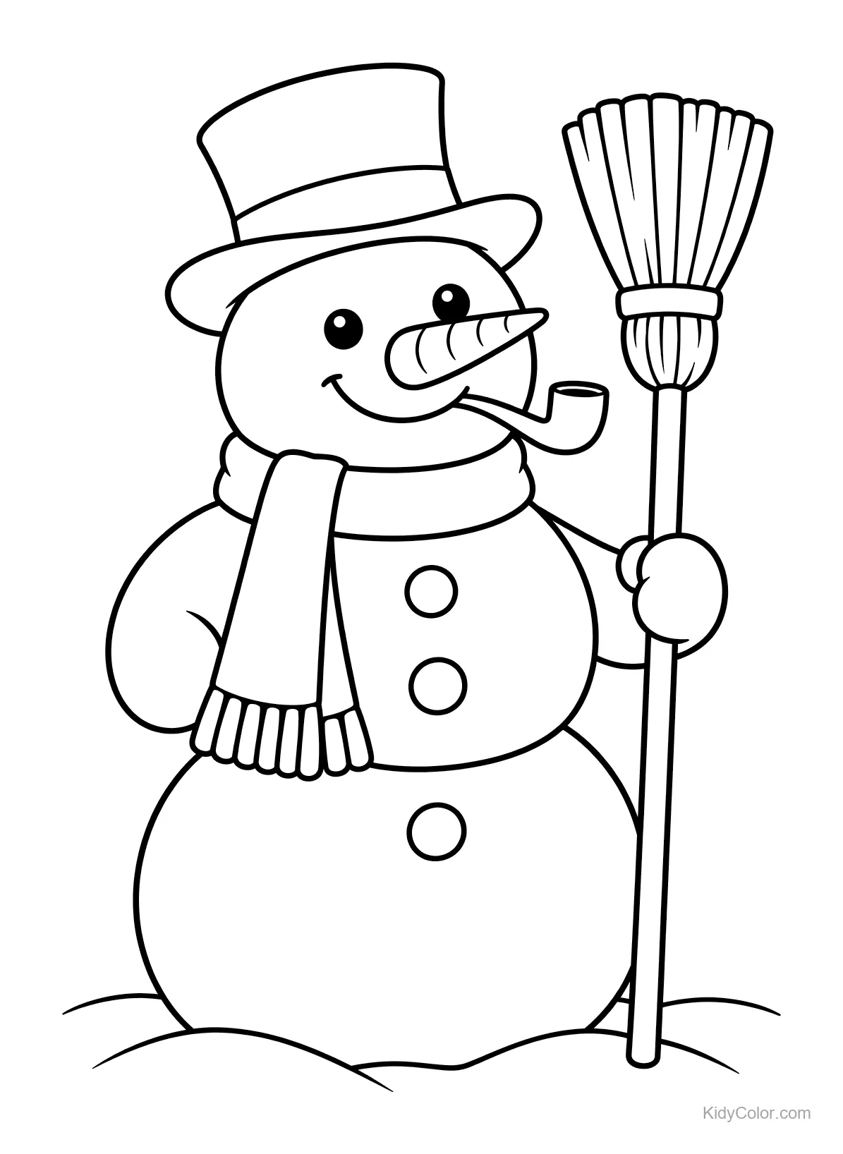 Pupazzo di neve sorridente con cappello, sciarpa, scopa e pipa.