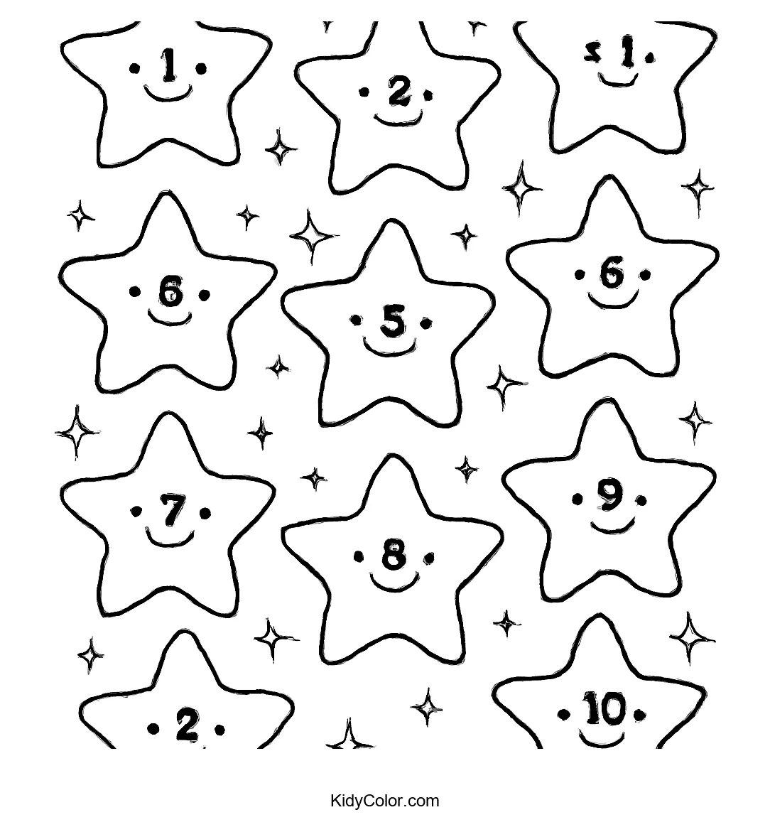 Smiling stars numbered 1 to 10 in the night sky.