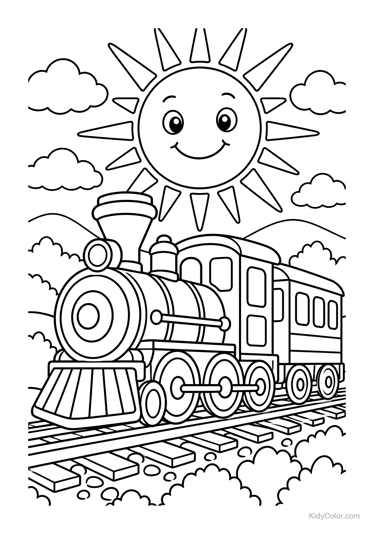 Trem feliz nos trilhos sob sol sorridente, com colinas ao fundo.