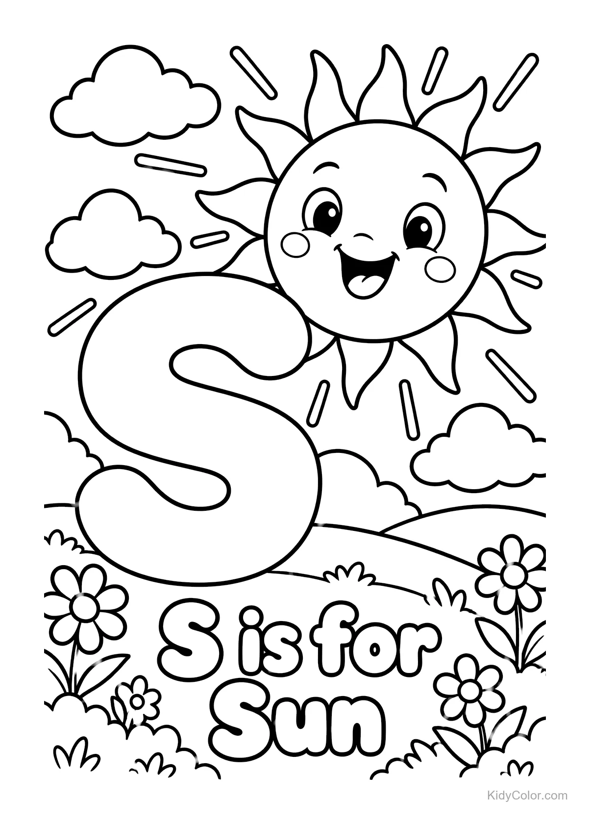 Smiling sun next to a large letter S with flowers and clouds.