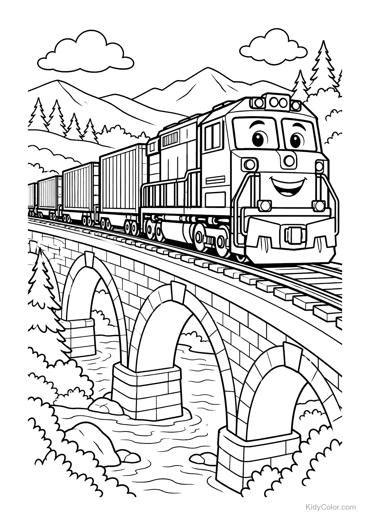 A cheerful freight train with a smiling face crossing a bridge over a river.