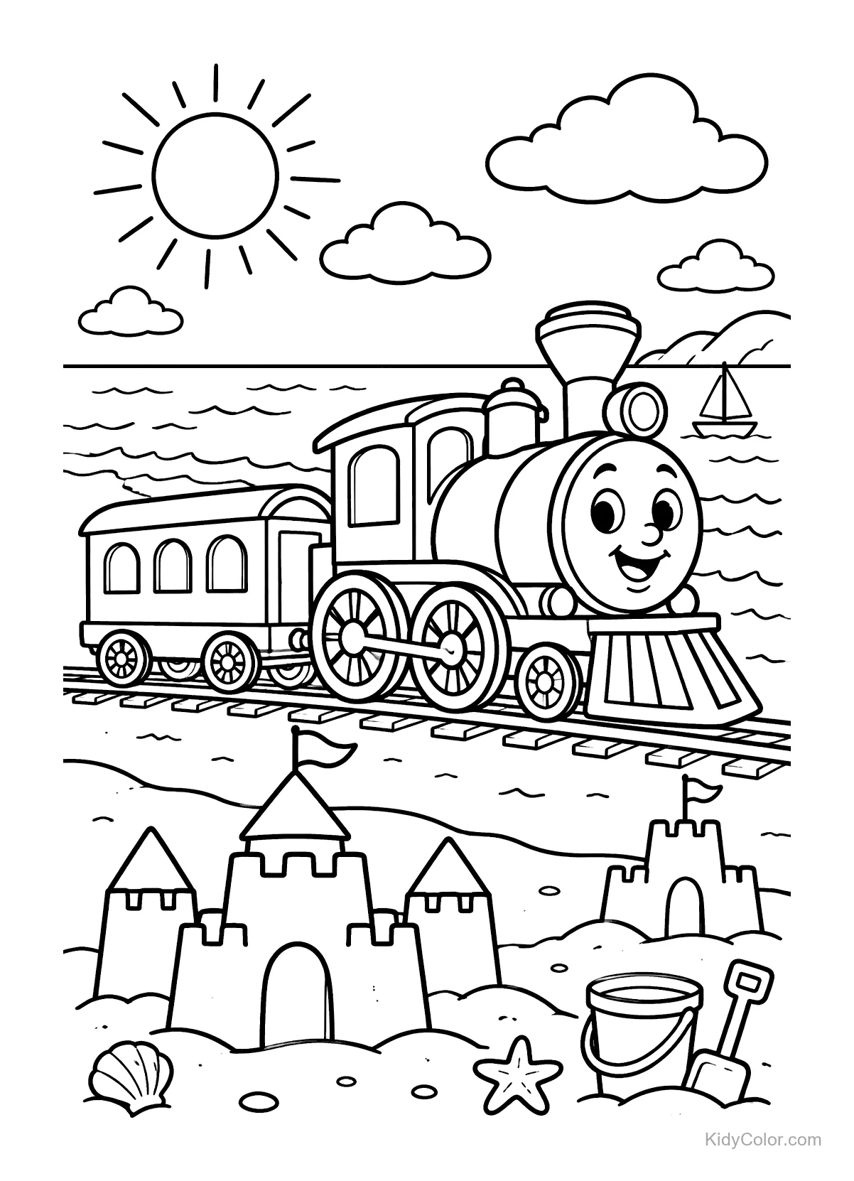 Smiling train on beach with sandcastles and sunny sky.