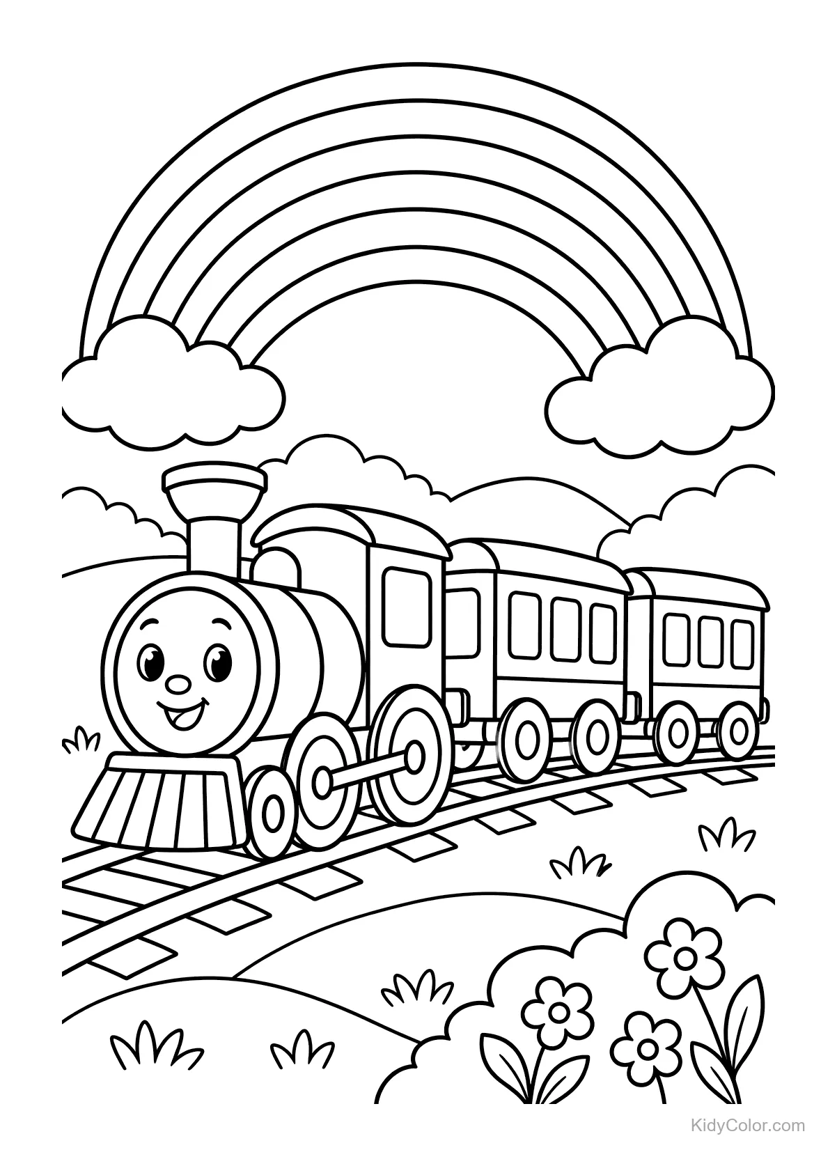 Blije trein met gezicht onder een regenboog op het spoor.