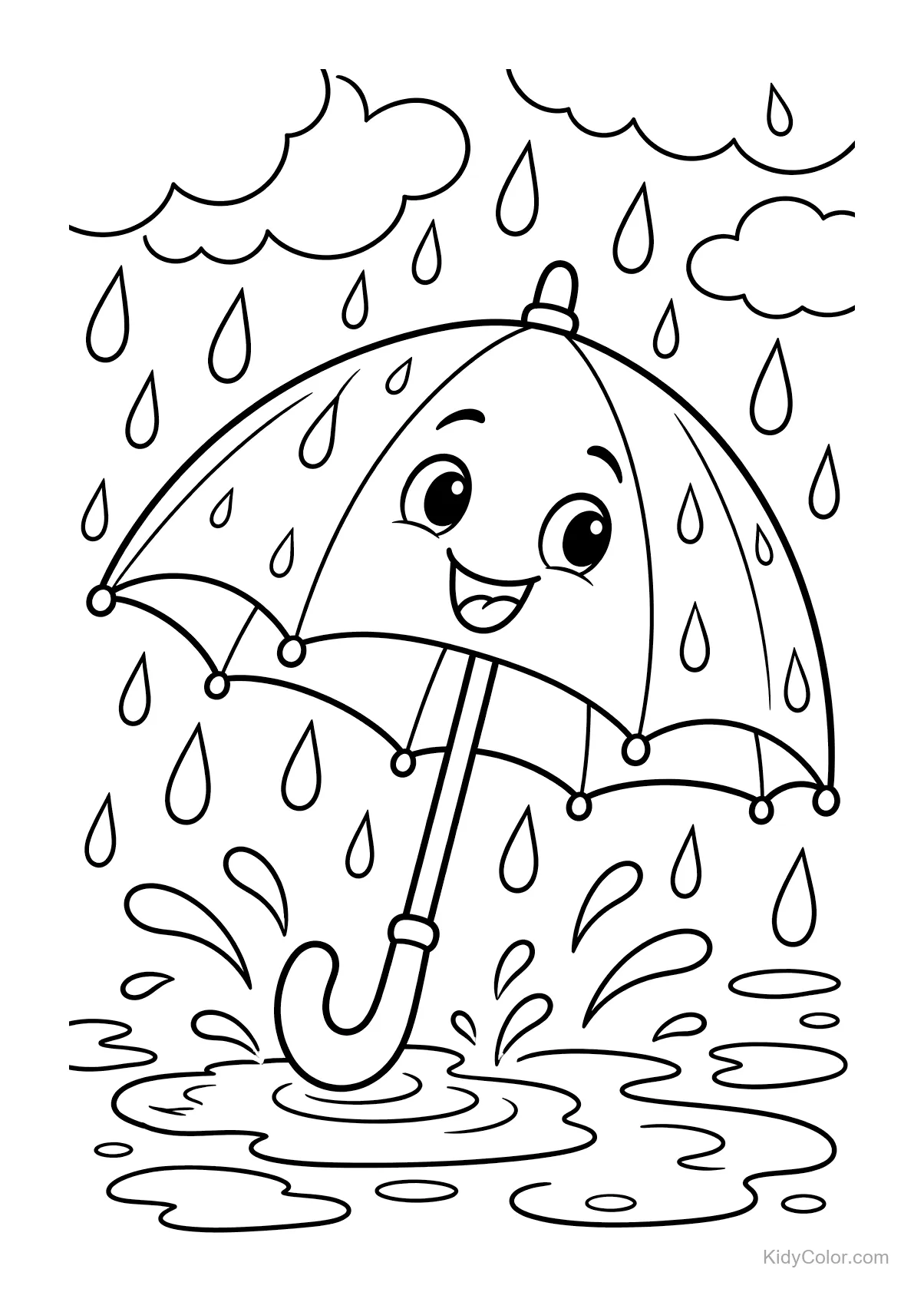 A smiling umbrella with raindrops and clouds around it.