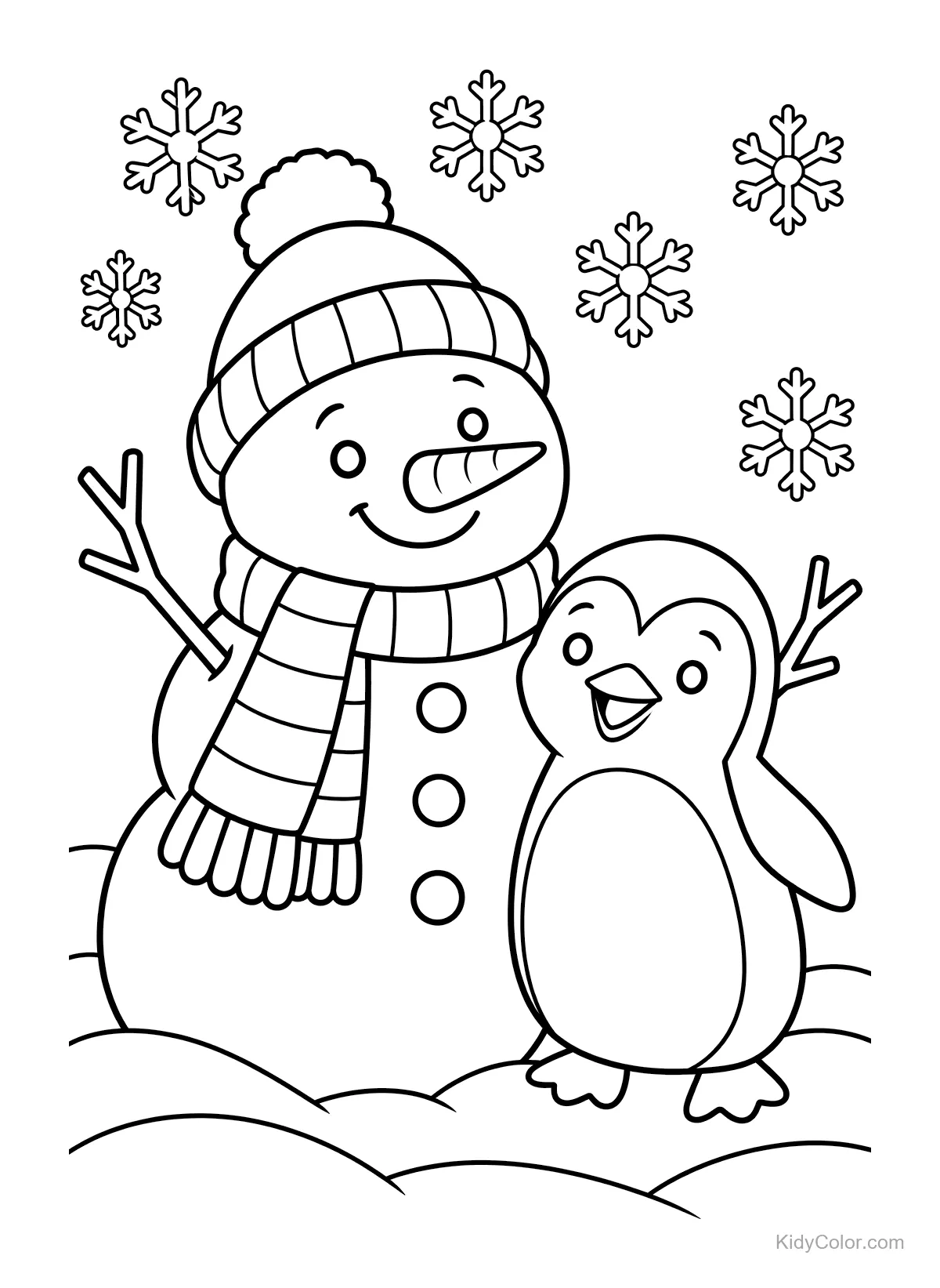 Pupazzo di neve con sciarpa accanto a un pinguino sotto fiocchi di neve.