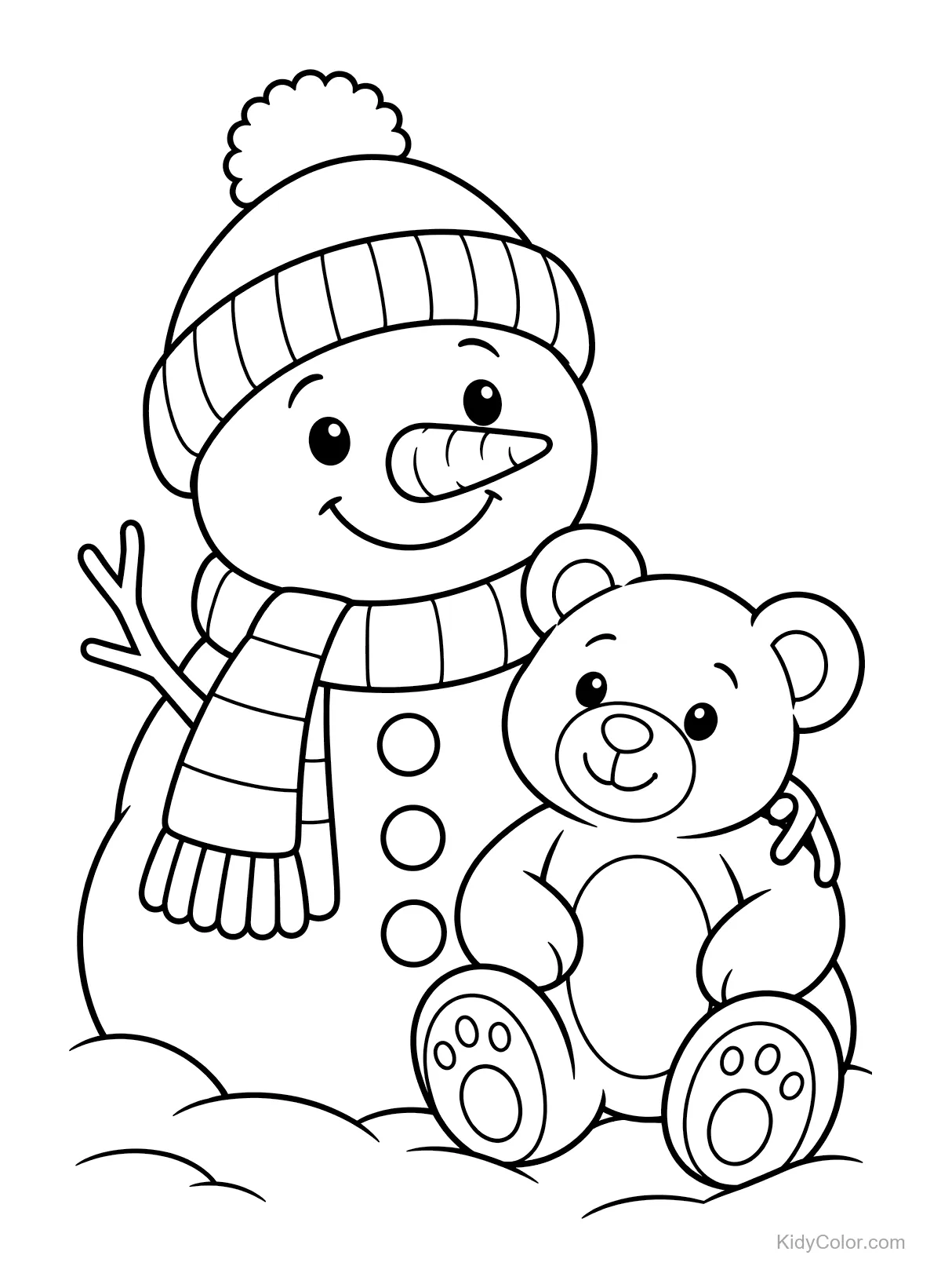 Snowman wearing a hat and scarf hugging a teddy bear.
