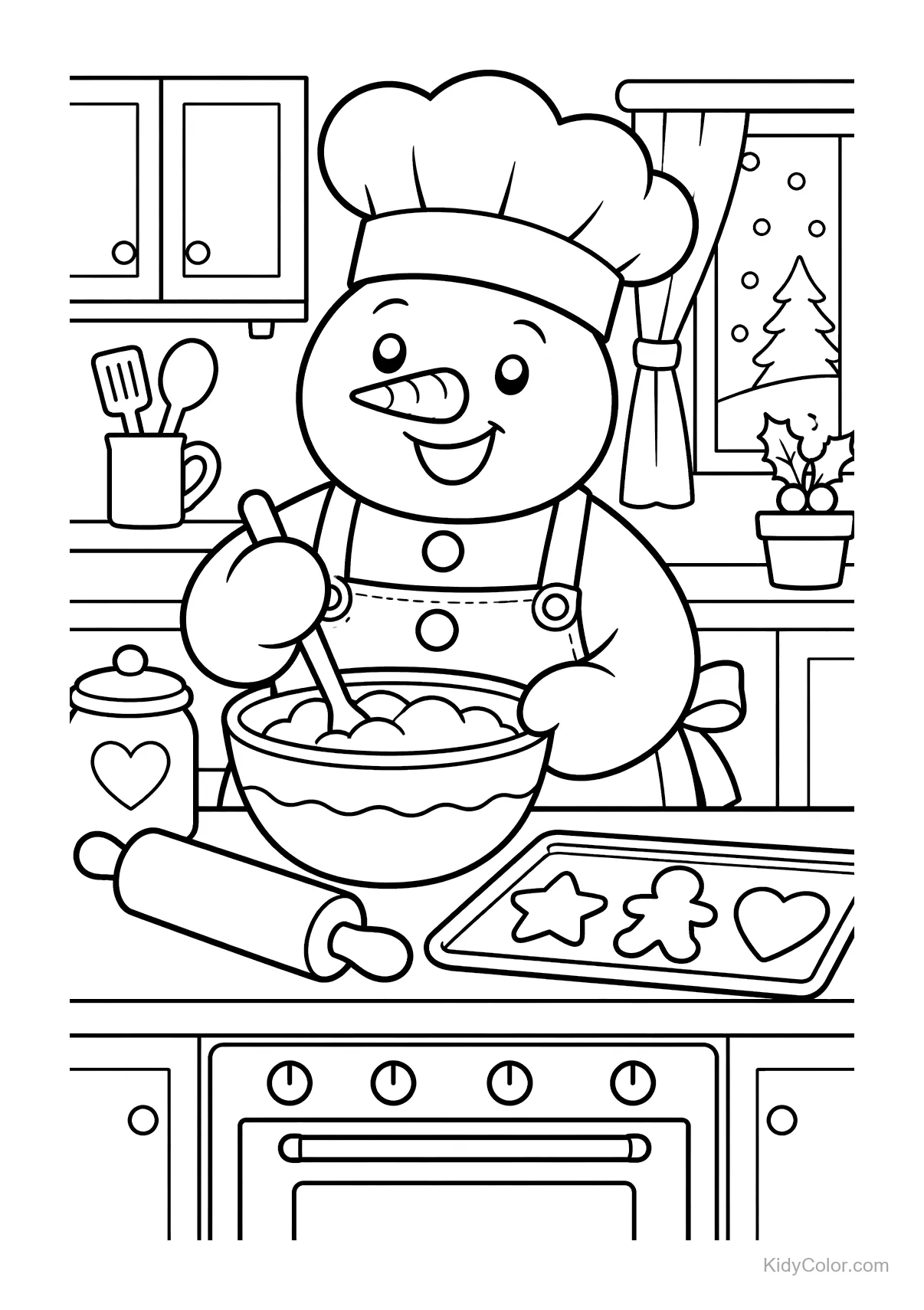 A cheerful snowman wearing a chef hat bakes cookies in a kitchen.