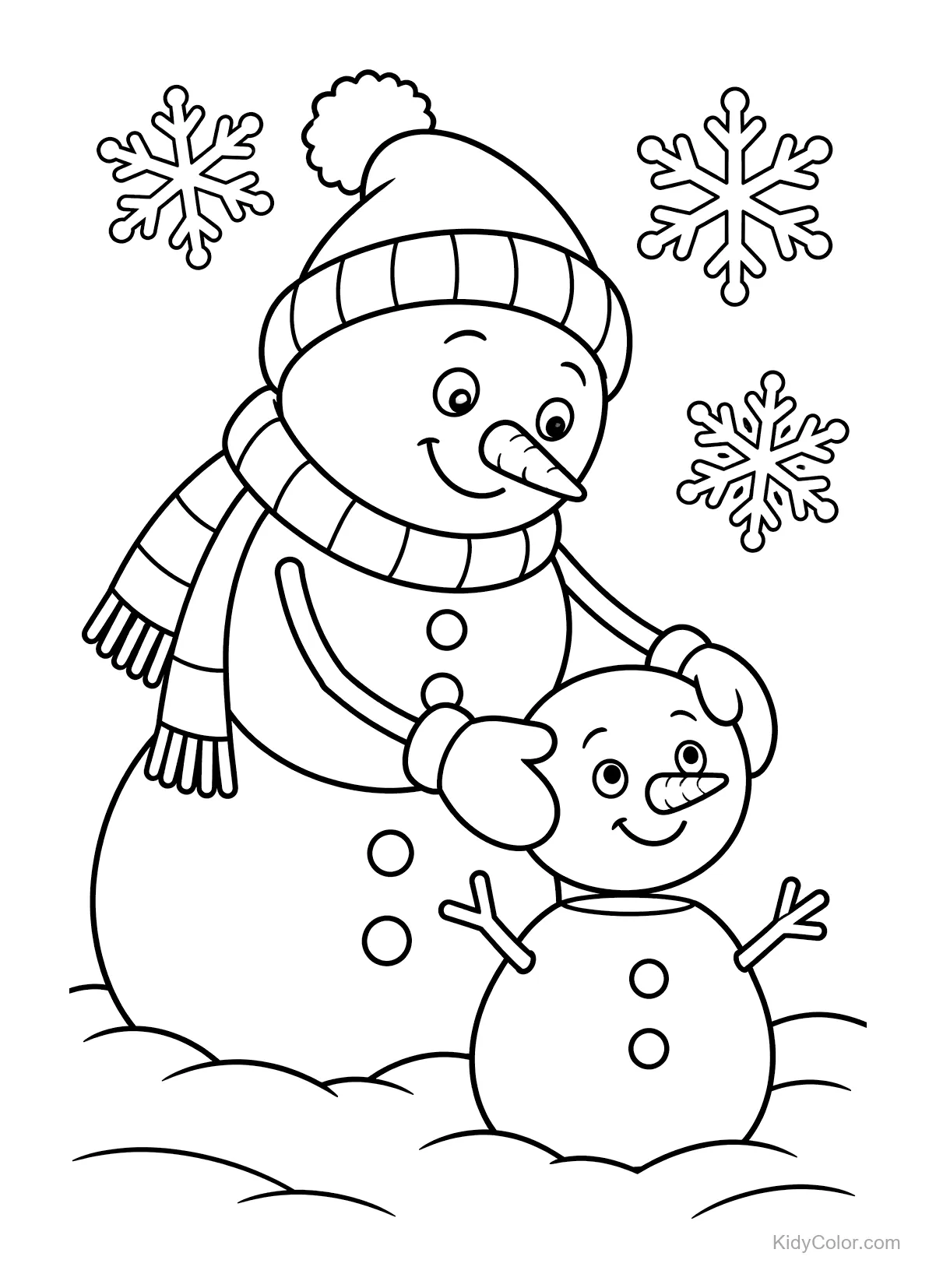 Pupazzo di neve con cappello e sciarpa costruisce un piccolo pupazzo, con fiocchi di neve.