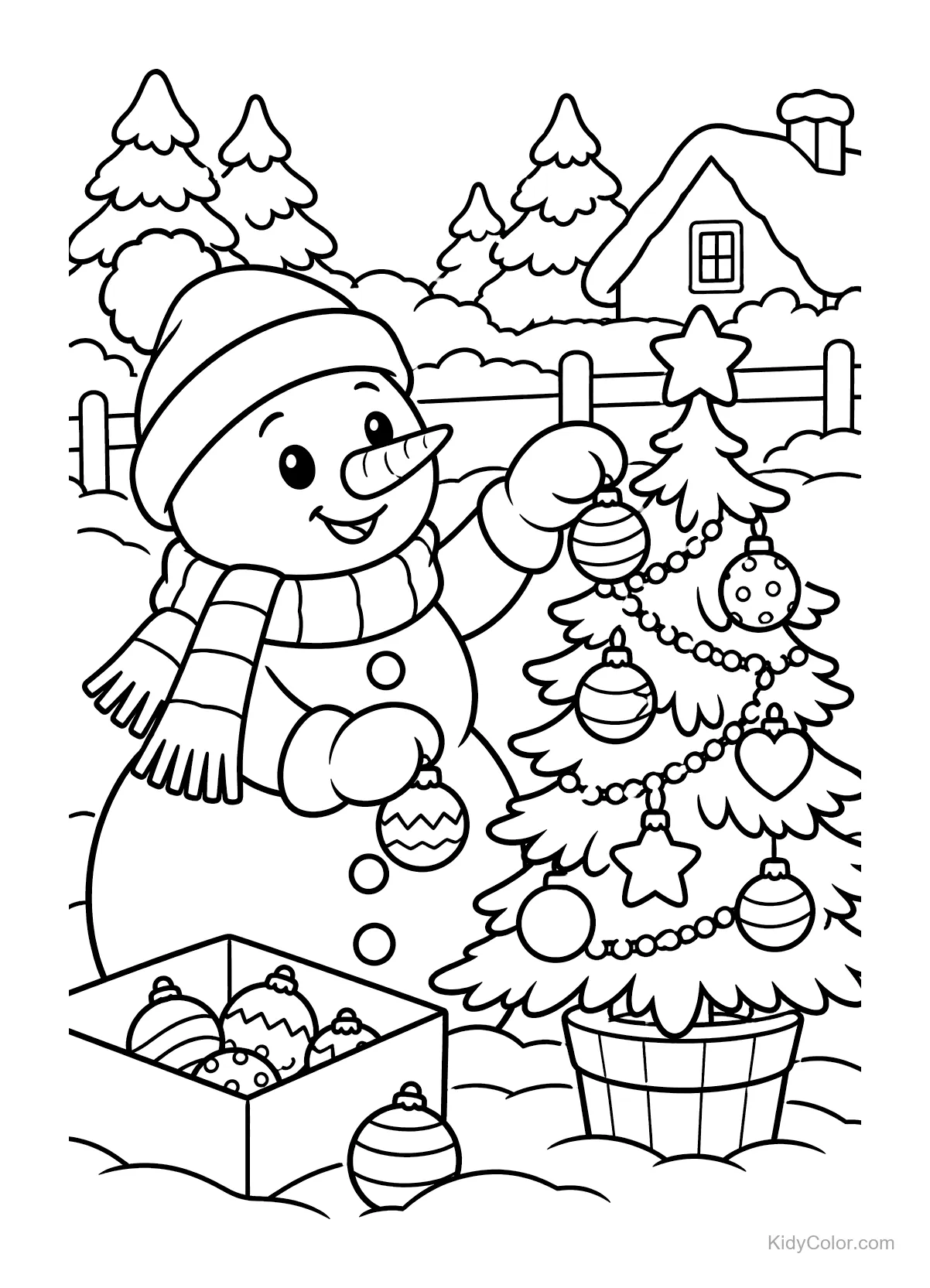 Snowman putting ornaments on a Christmas tree in a snowy yard.